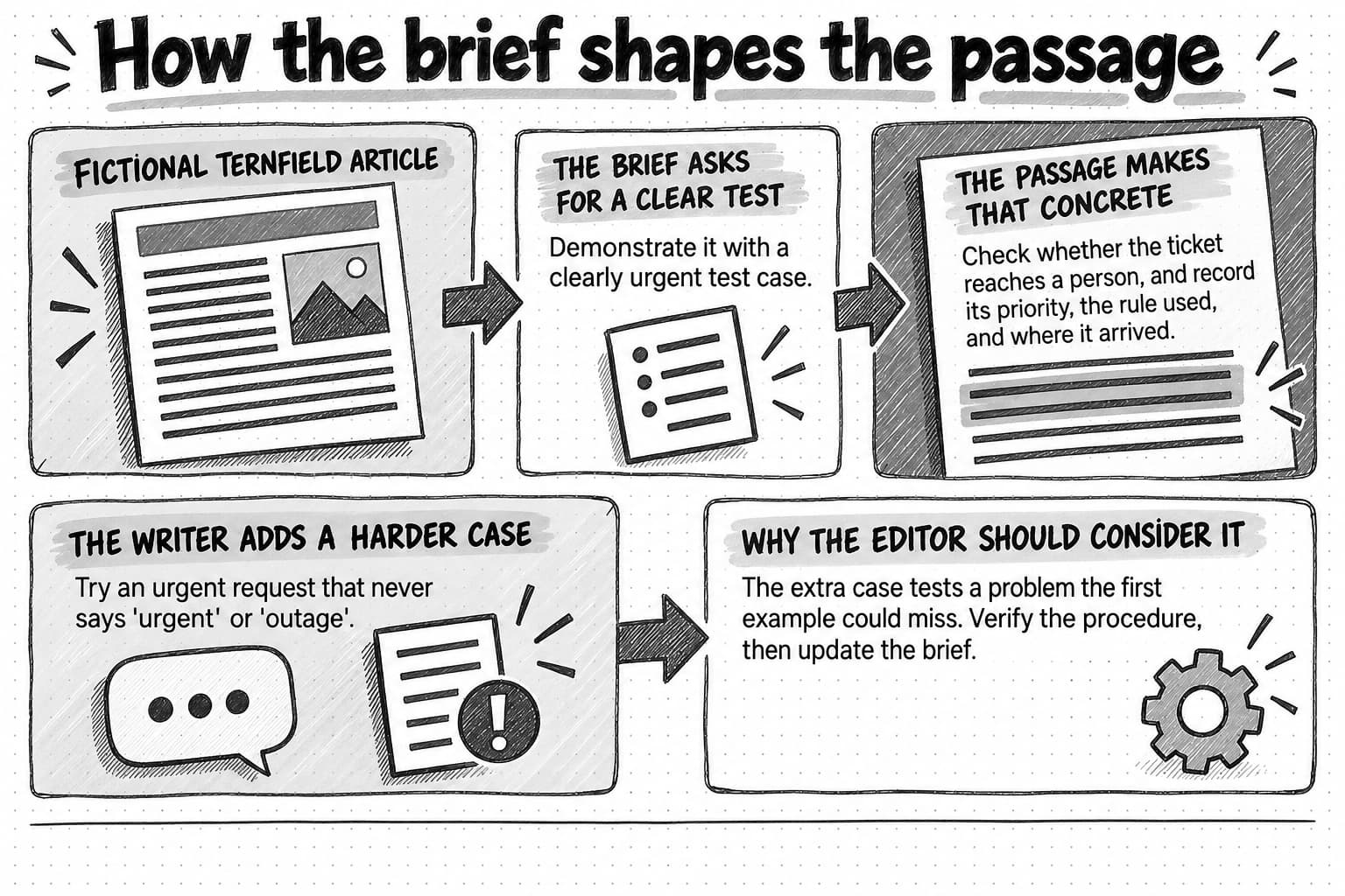 The fictional brief asks for a clearly urgent test case. The passage explains what to record, then adds a less obvious urgent case to investigate a limitation of the first test.