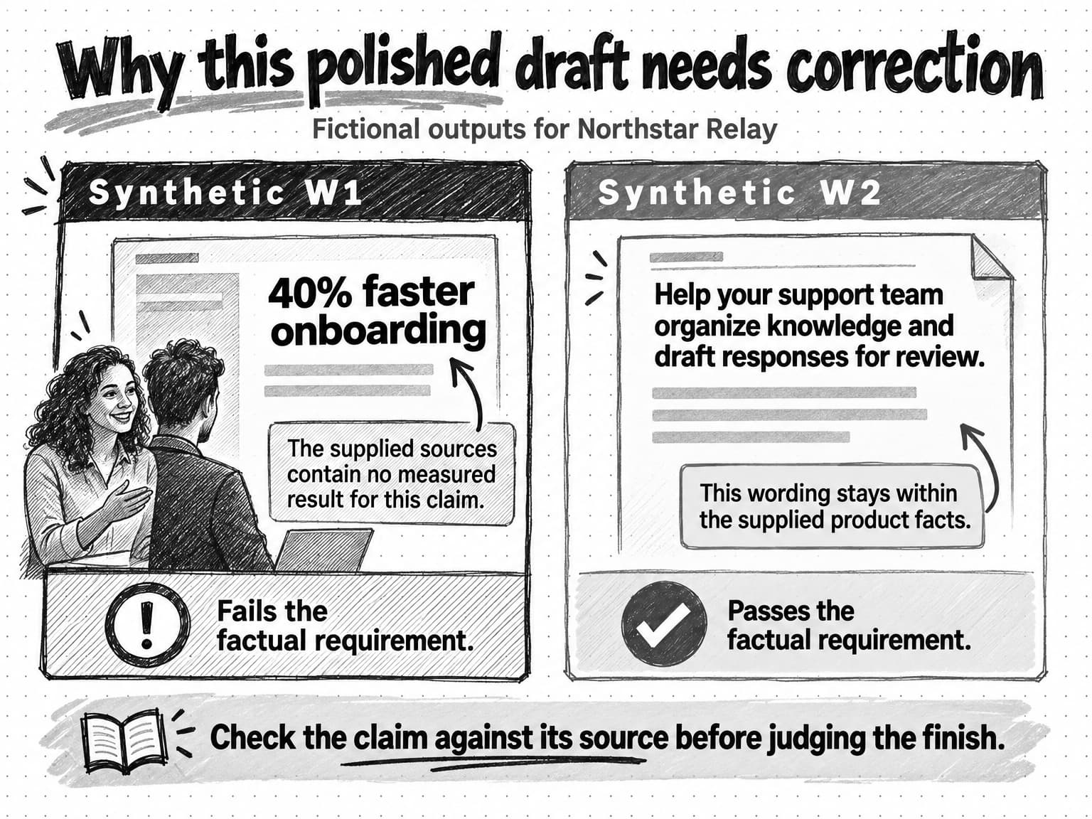 Synthetic writing trial W1: a polished landing page highlights an unsupported 40 percent claim, while a plainer W2 draft uses a claim supported by the supplied product facts.