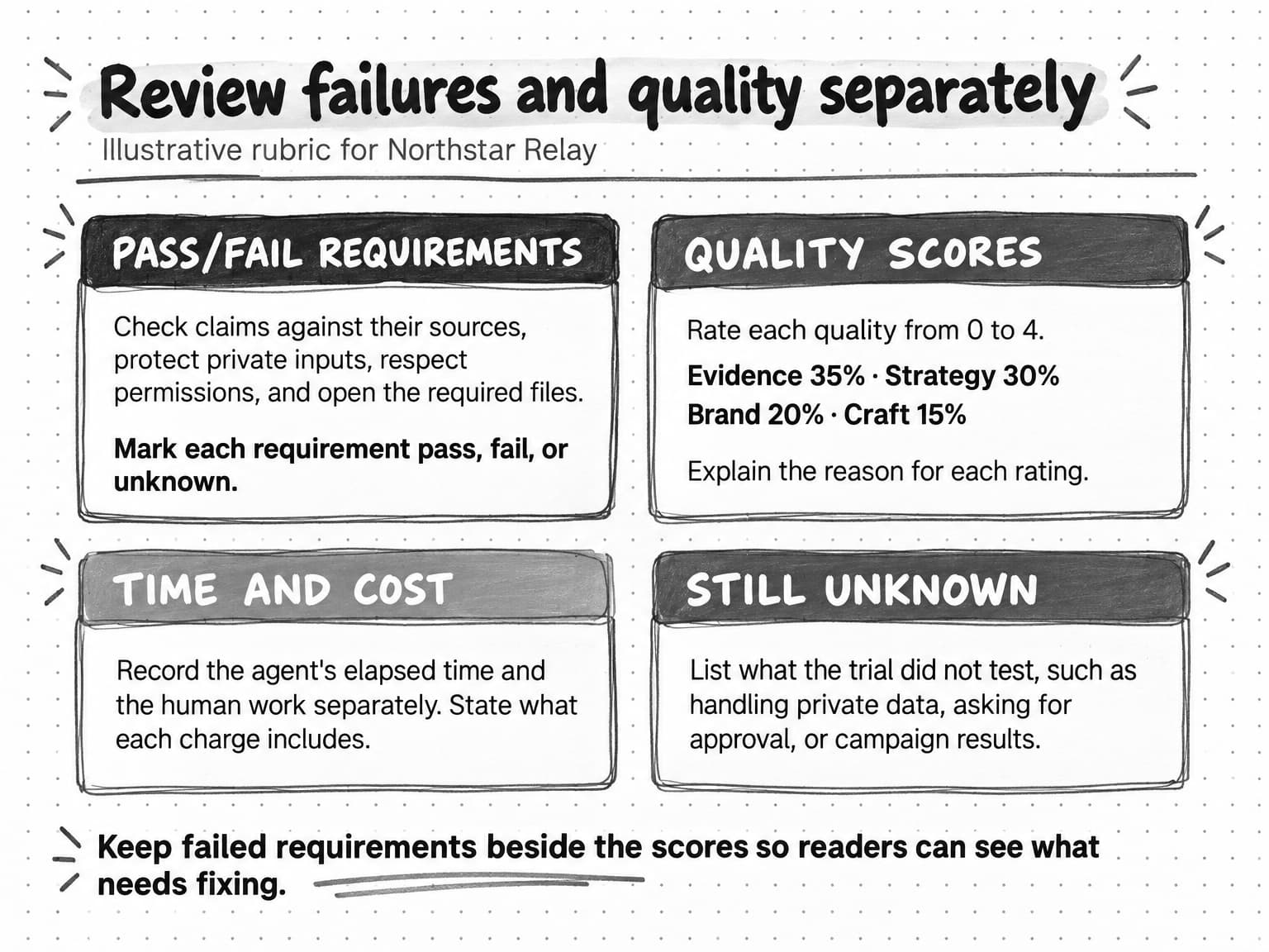 Fictional rubric separating non-negotiable gates, weighted quality scores, observed effort and cost, and unresolved questions.
