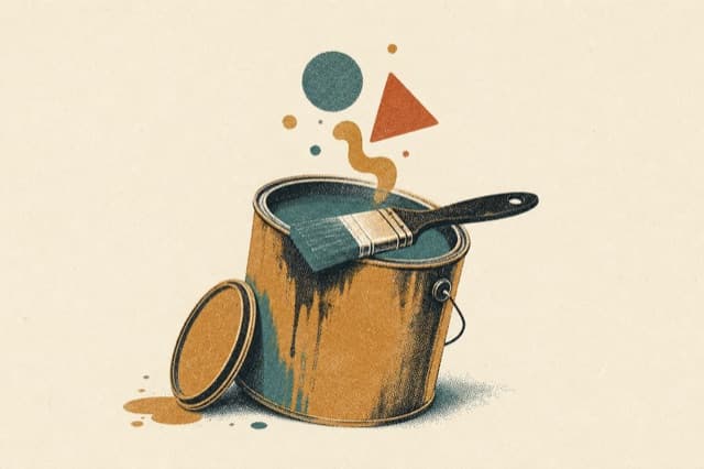 Editorial Risograph illustration of an open paint can and floating shapes, representing image editing