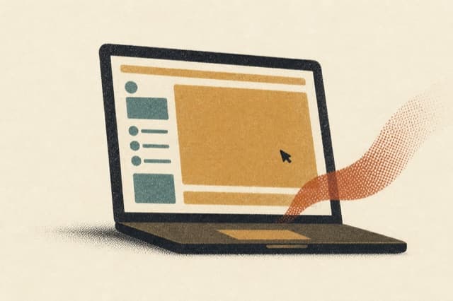 Editorial Risograph illustration of a laptop screen with motion lines, representing a product demo recording