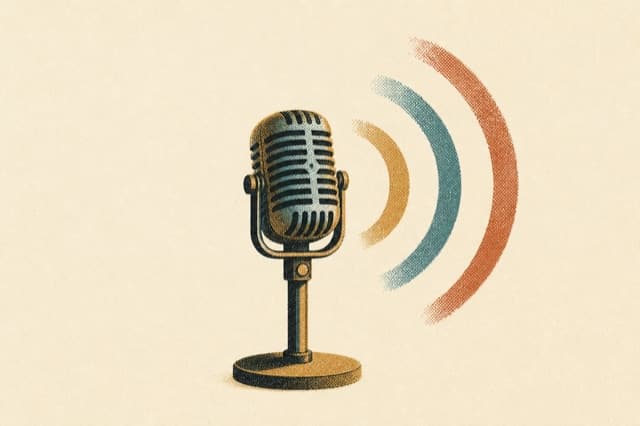 Editorial Risograph illustration of a vintage studio microphone with sound waves
