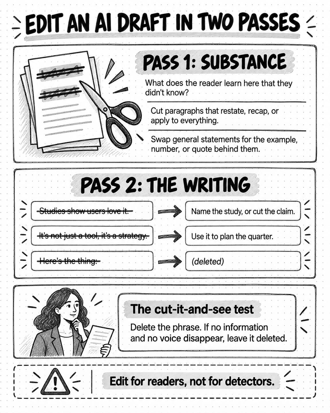 A portrait sketch titled Edit an AI draft in two passes. Pass 1: Substance shows scissors cutting struck-through lines on a page, with three lines: What does the reader learn here that they didn't know? Cut paragraphs that restate, recap, or apply to everything. Swap general statements for the example, number, or quote behind them. Pass 2: The writing shows three before-and-after pairs with the before line struck through: Studies show users love it, fixed as Name the study, or cut the claim; It's not just a tool, it's a strategy, rewritten as Use it to plan the quarter; and Here's the thing, deleted. A box titled The cut-it-and-see test reads Delete the phrase. If no information and no voice disappear, leave it deleted. A dashed strip with a warning sign reads Edit for readers, not for detectors.