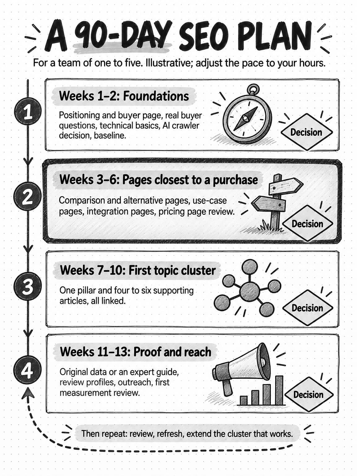 A portrait plan titled A 90-day SEO plan, subtitled For a team of one to five. Illustrative; adjust the pace to your hours. Four numbered stations run down a path, each ending in a Decision tag. Weeks 1–2: Foundations, positioning and buyer page, real buyer questions, technical basics, AI crawler decision, baseline. Weeks 3–6: Pages closest to a purchase, drawn with a heavy border, comparison and alternative pages, use-case pages, integration pages, pricing page review. Weeks 7–10: First topic cluster, one pillar and four to six supporting articles, all linked. Weeks 11–13: Proof and reach, original data or an expert guide, review profiles, outreach, first measurement review. A dashed arrow loops back to the start beside the note Then repeat: review, refresh, extend the cluster that works.