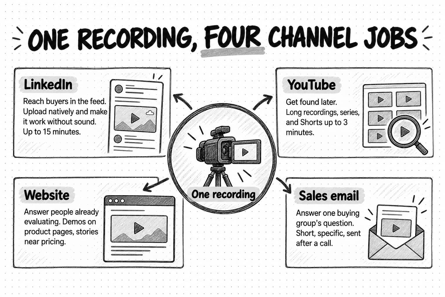 Diagram titled One recording, four channel jobs, with a camera at the center labeled One recording and arrows to four panels. LinkedIn: reach buyers in the feed, upload natively, make it work without sound, up to 15 minutes. YouTube: get found later with long recordings, series and Shorts up to 3 minutes. Website: answer people already evaluating, with demos on product pages and stories near pricing. Sales email: answer one buying group's question, short and specific, sent after a call.