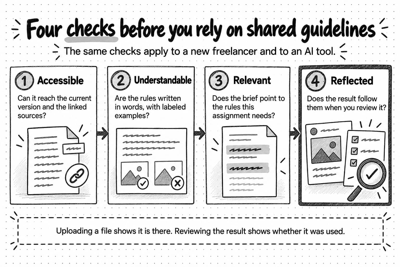 Four numbered panels joined by arrows, under the title Four checks before you rely on shared guidelines and the note that the same checks apply to a new freelancer and to an AI tool. One, Accessible: can it reach the current version and the linked sources? Two, Understandable: are the rules written in words, with labeled examples? Three, Relevant: does the brief point to the rules this assignment needs? Four, Reflected: does the result follow them when you review it? A banner says uploading a file shows it is there, and reviewing the result shows whether it was used.