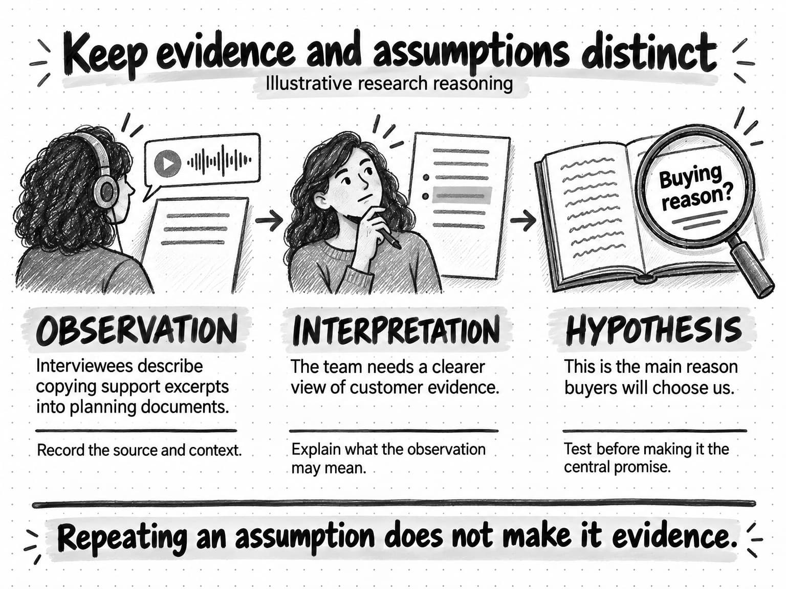 An illustrative observation about copying support excerpts leads to an interpretation about customer evidence and a buying-reason hypothesis that still needs testing.
