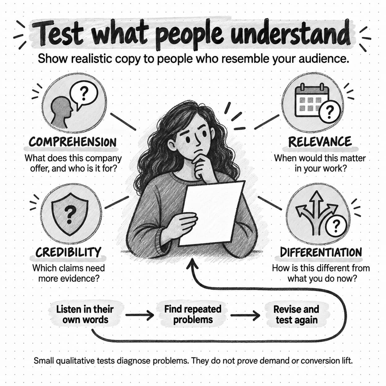 Four questions test comprehension, relevance, credibility, and differentiation, followed by listening, finding repeated problems, revising, and testing again.