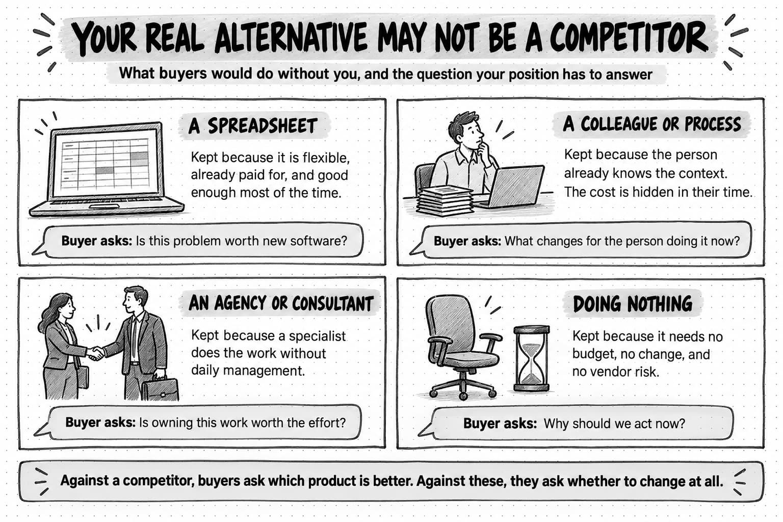 Four-panel sketchnote titled Your real alternative may not be a competitor. The panels cover a spreadsheet, a colleague or process, an agency or consultant, and doing nothing, each with why buyers keep it and the question a buyer asks. A bottom strip says that against these alternatives, buyers ask whether to change at all.