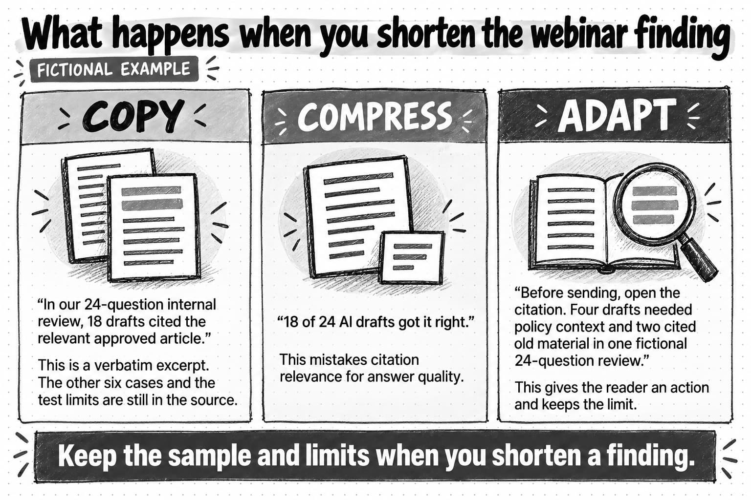 Fictional copy comparison: a verbatim excerpt reports 18 relevant citations in a 24-question review; a compressed line wrongly says 18 drafts got it right; an adapted line asks readers to open the citation and names four context gaps and two outdated sources.