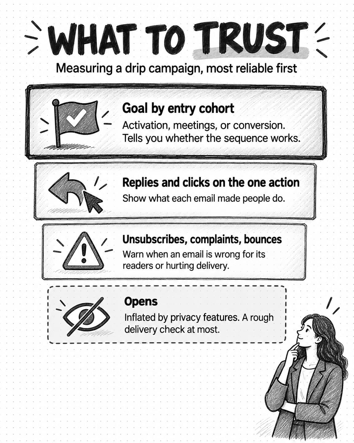 A sketched ladder titled What to trust, subtitled Measuring a drip campaign, most reliable first. Four stacked bands: Goal by entry cohort, activation, meetings, or conversion, tells you whether the sequence works; Replies and clicks on the one action, show what each email made people do; Unsubscribes, complaints, bounces, warn when an email is wrong for its readers or hurting delivery; and, in a dashed band set apart at the bottom, Opens, inflated by privacy features, a rough delivery check at most.