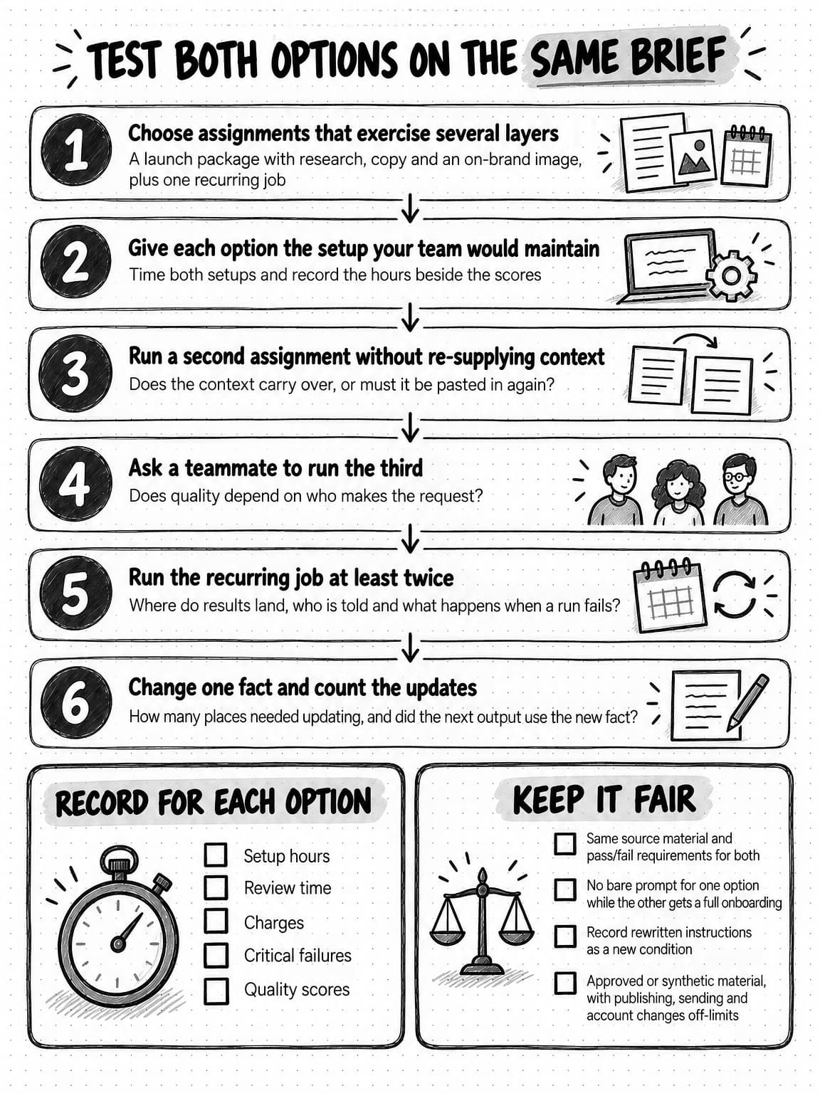 A portrait checklist titled Test both options on the same brief, with six numbered steps. 1, choose assignments that exercise several layers: a launch package with research, copy and an on-brand image, plus one recurring job. 2, give each option the setup your team would maintain, then time both setups and record the hours beside the scores. 3, run a second assignment without re-supplying context: does the context carry over, or must it be pasted in again? 4, ask a teammate to run the third: does quality depend on who makes the request? 5, run the recurring job at least twice: where do results land, who is told and what happens when a run fails? 6, change one fact and count the updates: how many places needed updating, and did the next output use the new fact? A panel headed Record for each option lists setup hours, review time, charges, critical failures and quality scores. A panel headed Keep it fair lists the same source material and pass/fail requirements for both; no bare prompt for one option while the other gets a full onboarding; record rewritten instructions as a new condition; and approved or synthetic material, with publishing, sending and account changes off-limits.