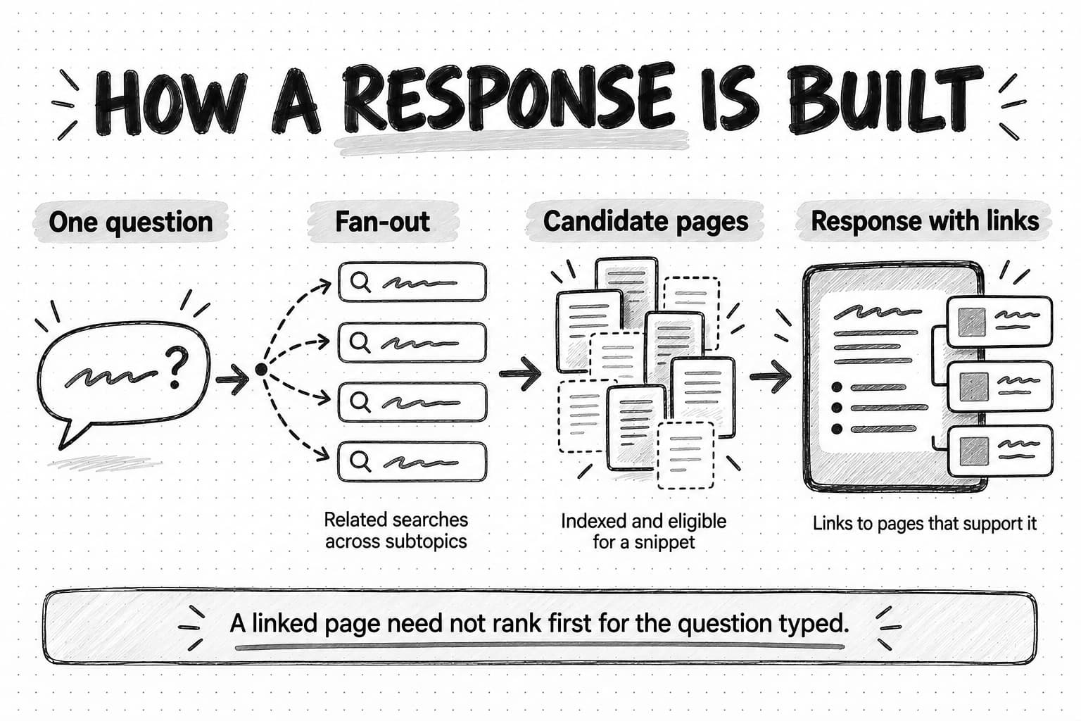 A four-stage flow titled How a response is built: one question; fan-out into related searches across subtopics; candidate pages that are indexed and eligible for a snippet, with some pages filtered out; and a response with links to pages that support it. A note below reads: a linked page need not rank first for the question typed.