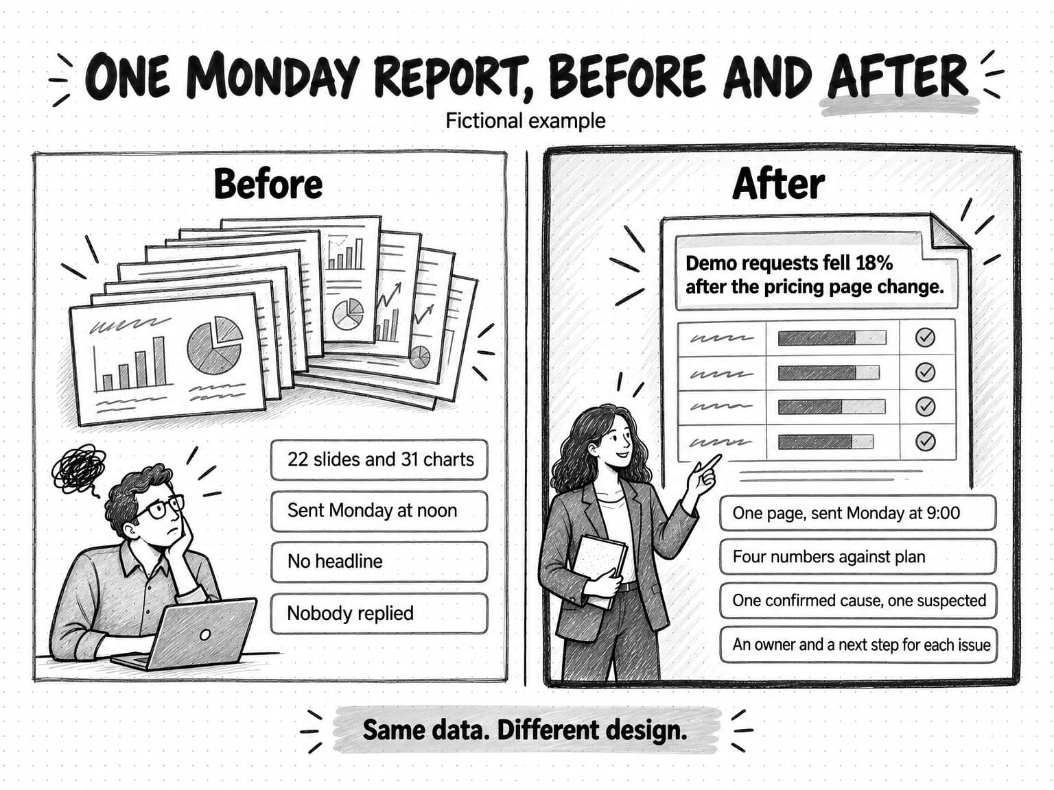A sketched before-and-after comparison titled One Monday report, before and after, tagged Fictional example. Before: a fanned stack of slides covered in small charts and a person looking away, with the notes 22 slides and 31 charts, sent Monday at noon, no headline, nobody replied. After: a single report page with the headline Demo requests fell 18% after the pricing page change, a four-row table with check marks and a person pointing at it, with the notes one page sent Monday at 9:00, four numbers against plan, one confirmed cause and one suspected, and an owner and a next step for each issue. A note below reads: same data, different design.