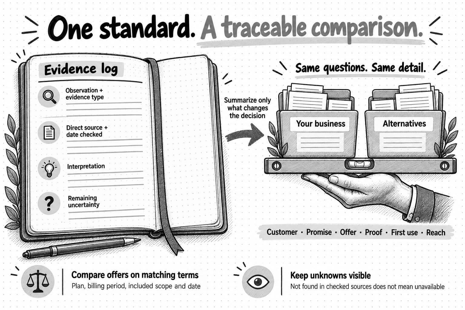 An evidence log supports equal comparison of your business and alternatives, with matching offer terms, dated sources, separate interpretation, and visible unknowns.
