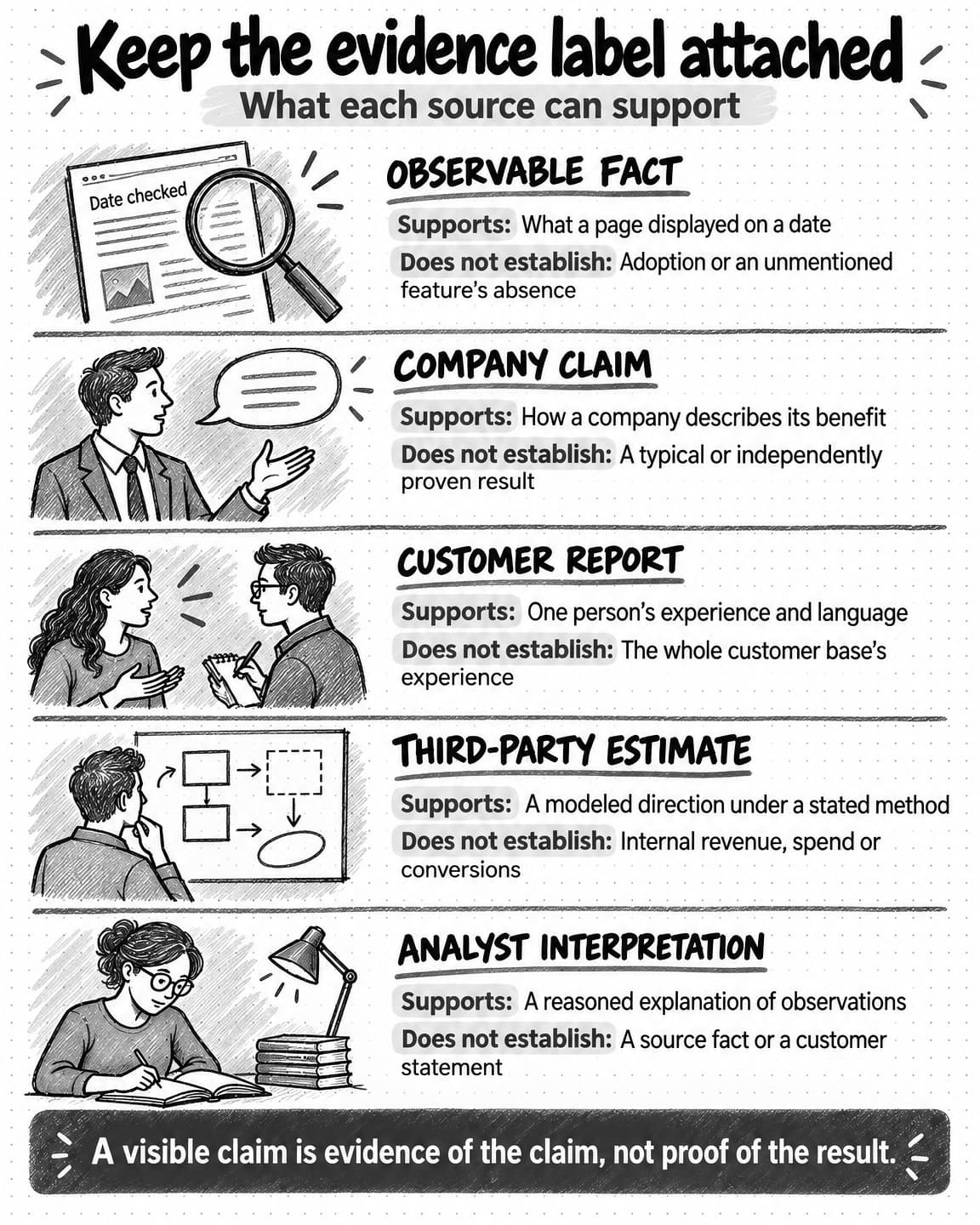 Five evidence types show what each supports and cannot establish: observable fact, company claim, customer report, third-party estimate, and analyst interpretation.