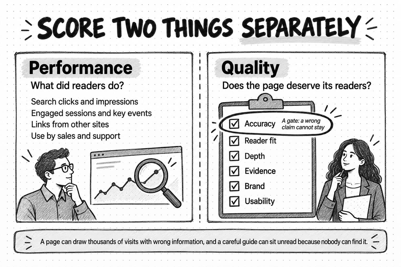 A sketch titled Score two things separately. The Performance panel asks What did readers do? and lists search clicks and impressions, engaged sessions and key events, links from other sites, and use by sales and support. The Quality panel asks Does the page deserve its readers? and lists accuracy, reader fit, depth, evidence, brand and usability, with accuracy circled as a gate: a wrong claim cannot stay. Along the bottom: A page can draw thousands of visits with wrong information, and a careful guide can sit unread because nobody can find it.