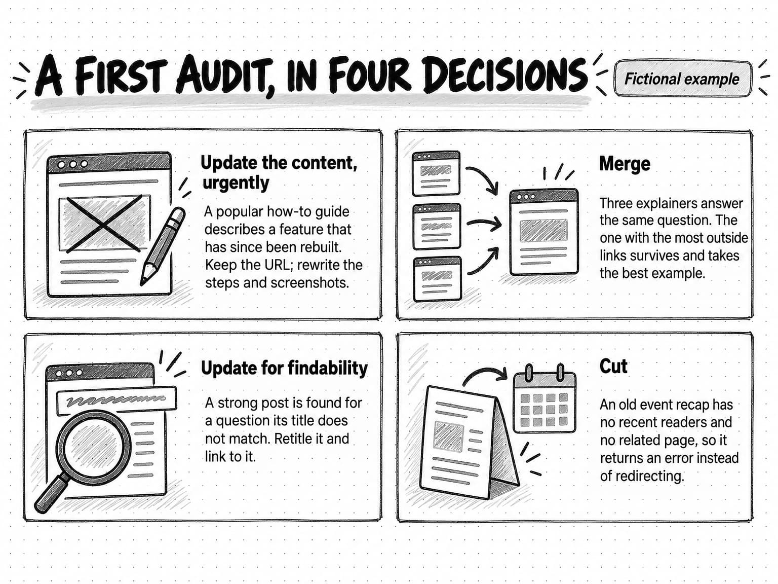 Four cards titled A first audit, in four decisions, tagged Fictional example. Update the content, urgently: a popular how-to guide describes a feature that has since been rebuilt, so keep the URL and rewrite the steps and screenshots. Merge: three explainers answer the same question, and the one with the most outside links survives and takes the best example. Update for findability: a strong post is found for a question its title does not match, so retitle it and link to it. Cut: an old event recap has no recent readers and no related page, so it returns an error instead of redirecting.