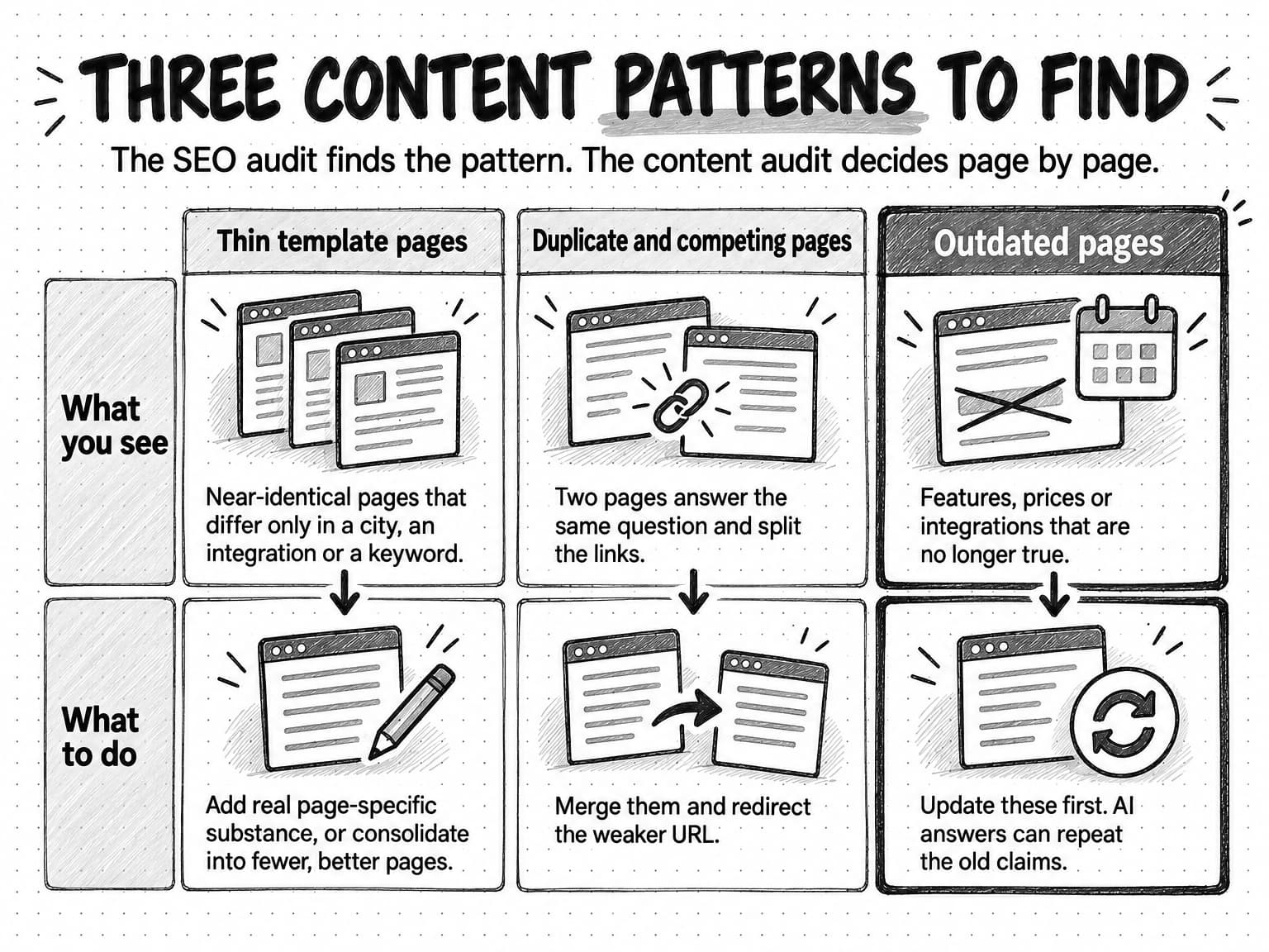 A grid titled Three content patterns to find, with the line The SEO audit finds the pattern. The content audit decides page by page. Rows are What you see and What to do. Thin template pages: near-identical pages that differ only in a city, an integration or a keyword; add real page-specific substance, or consolidate into fewer, better pages. Duplicate and competing pages: two pages answer the same question and split the links; merge them and redirect the weaker URL. Outdated pages, drawn with the heaviest border: features, prices or integrations that are no longer true; update these first, because AI answers can repeat the old claims.
