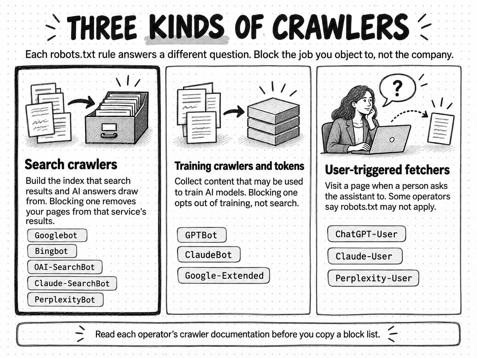 A three-column sketch titled Three kinds of crawlers, with the line Each robots.txt rule answers a different question. Block the job you object to, not the company. Search crawlers, drawn with the heaviest border: build the index that search results and AI answers draw from; blocking one removes your pages from that service's results; tags Googlebot, Bingbot, OAI-SearchBot, Claude-SearchBot, PerplexityBot. Training crawlers and tokens: collect content that may be used to train AI models; blocking one opts out of training, not search; tags GPTBot, ClaudeBot, Google-Extended. User-triggered fetchers: visit a page when a person asks the assistant to; some operators say robots.txt may not apply; tags ChatGPT-User, Claude-User, Perplexity-User. Footer: Read each operator's crawler documentation before you copy a block list.
