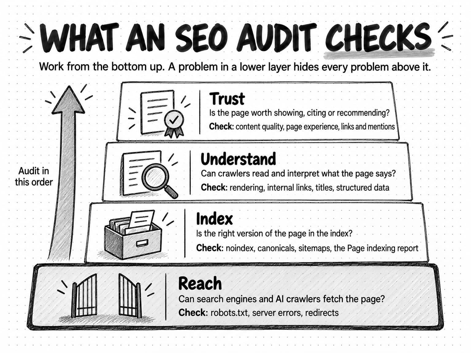 A sketch titled What an SEO audit checks, with the line Work from the bottom up. A problem in a lower layer hides every problem above it. Four stacked bands form a stepped pyramid, with an arrow labeled Audit in this order running up the side. Bottom, drawn heaviest, Reach: can search engines and AI crawlers fetch the page? Check robots.txt, server errors, redirects. Index: is the right version of the page in the index? Check noindex, canonicals, sitemaps, the Page indexing report. Understand: can crawlers read and interpret what the page says? Check rendering, internal links, titles, structured data. Top, Trust: is the page worth showing, citing or recommending? Check content quality, page experience, links and mentions.
