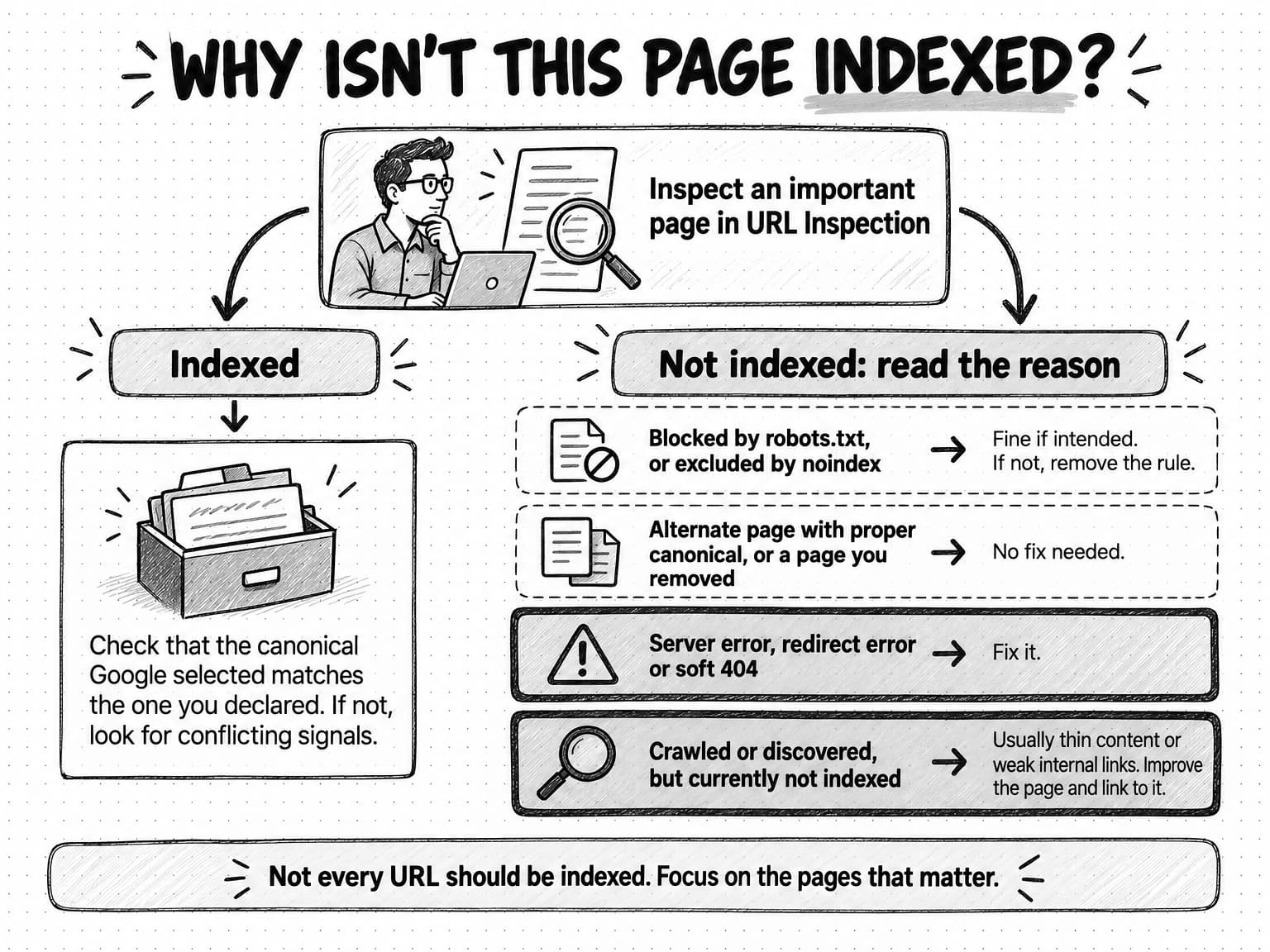 A flow titled Why isn't this page indexed? It starts with Inspect an important page in URL Inspection and splits two ways. Indexed: check that the canonical Google selected matches the one you declared; if not, look for conflicting signals. Not indexed: read the reason. Four reasons follow. Blocked by robots.txt, or excluded by noindex: fine if intended; if not, remove the rule. Alternate page with proper canonical, or a page you removed: no fix needed. Then, in heavier boxes, Server error, redirect error or soft 404: fix it. Crawled or discovered, but currently not indexed: usually thin content or weak internal links; improve the page and link to it. Footer: Not every URL should be indexed. Focus on the pages that matter.