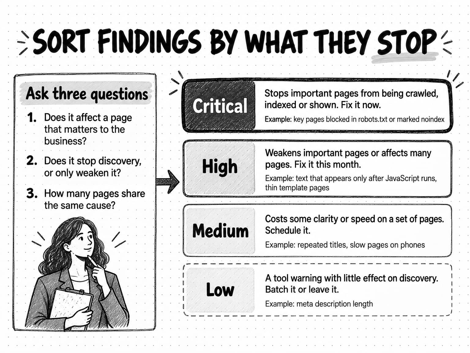 A sketch titled Sort findings by what they stop. A panel, Ask three questions, lists: 1. Does it affect a page that matters to the business? 2. Does it stop discovery, or only weaken it? 3. How many pages share the same cause? An arrow leads to four rows. Critical, in the heaviest box: stops important pages from being crawled, indexed or shown; fix it now; example, key pages blocked in robots.txt or marked noindex. High: weakens important pages or affects many pages; fix it this month; example, text that appears only after JavaScript runs, thin template pages. Medium: costs some clarity or speed on a set of pages; schedule it; example, repeated titles, slow pages on phones. Low, in a dashed box: a tool warning with little effect on discovery; batch it or leave it; example, meta description length.