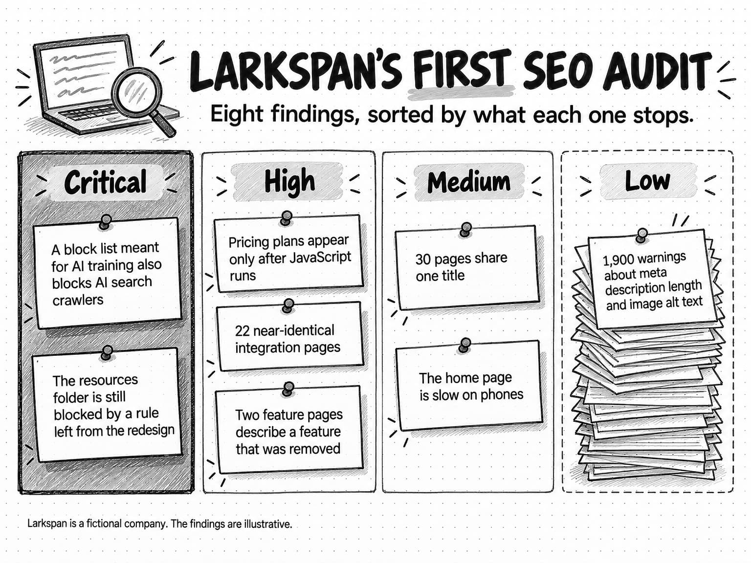 A board titled Larkspan's first SEO audit, with the line Eight findings, sorted by what each one stops. Critical, shaded darkest: a block list meant for AI training also blocks AI search crawlers; the resources folder is still blocked by a rule left from the redesign. High: pricing plans appear only after JavaScript runs; 22 near-identical integration pages; two feature pages describe a feature that was removed. Medium: 30 pages share one title; the home page is slow on phones. Low, a tall pile of slips: 1,900 warnings about meta description length and image alt text. A footnote says Larkspan is a fictional company and the findings are illustrative.