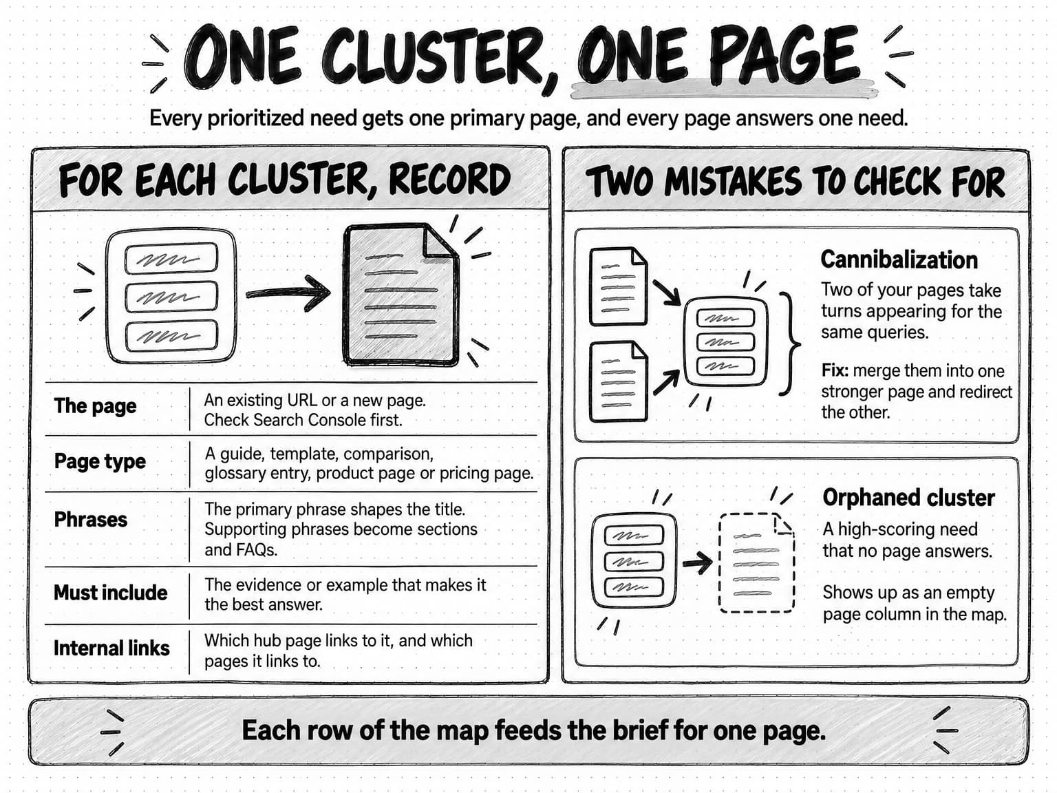 A sketched diagram titled One cluster, one page, subtitled Every prioritized need gets one primary page, and every page answers one need. Left, under For each cluster, record: a cluster joined by an arrow to one page, then five rows. The page: an existing URL or a new page; check Search Console first. Page type: a guide, template, comparison, glossary entry, product page or pricing page. Phrases: the primary phrase shapes the title; supporting phrases become sections and FAQs. Must include: the evidence or example that makes it the best answer. Internal links: which hub page links to it, and which pages it links to. Right, under Two mistakes to check for: Cannibalization, drawn as two pages pointing at one cluster: two of your pages take turns appearing for the same queries; fix: merge them into one stronger page and redirect the other. Orphaned cluster, drawn as a cluster pointing at an empty dashed page: a high-scoring need that no page answers; it shows up as an empty page column in the map. A banner reads Each row of the map feeds the brief for one page.