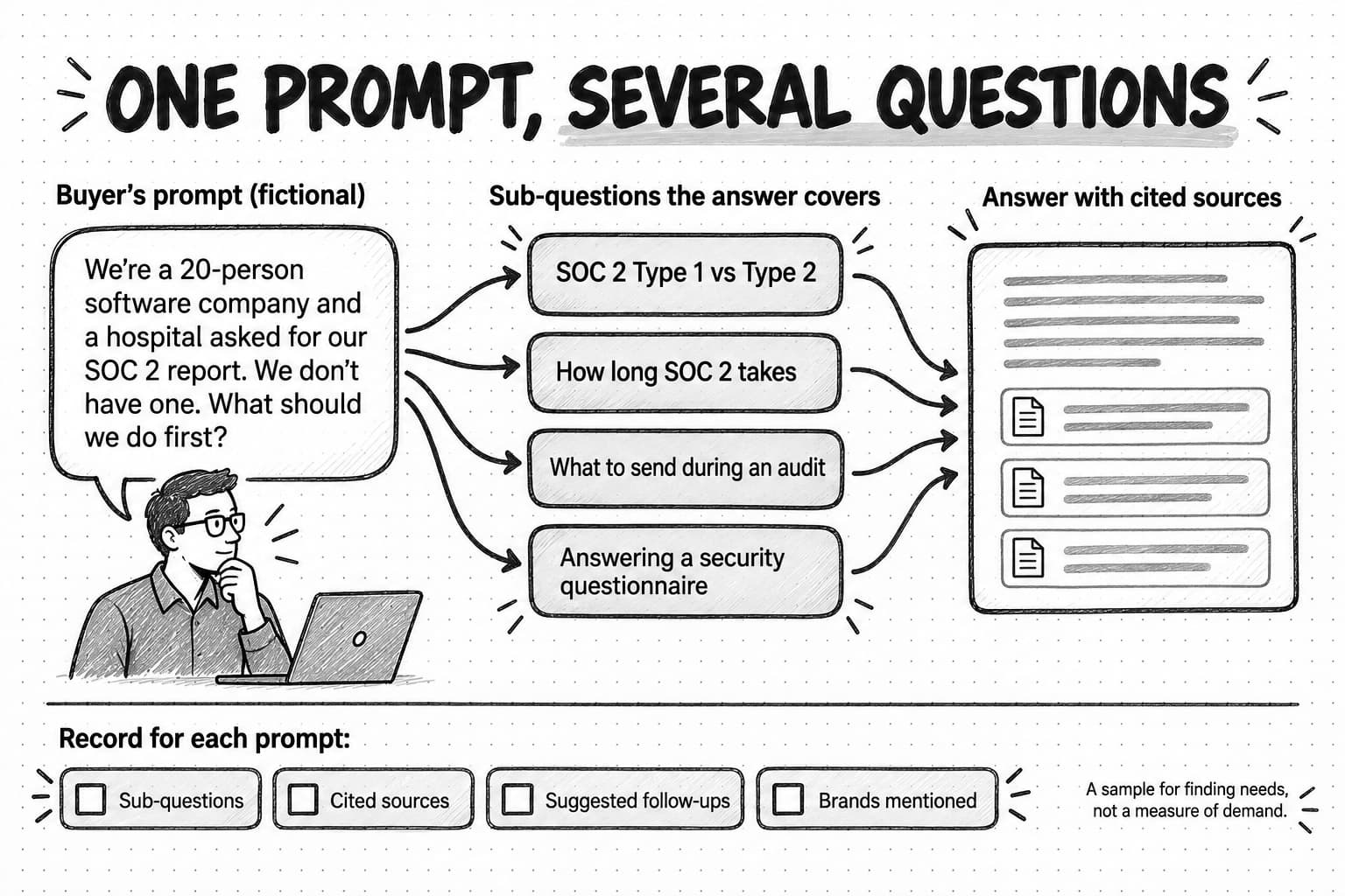 A sketched diagram titled One prompt, several questions. On the left, a person at a laptop with a speech bubble labeled Buyer's prompt (fictional): We're a 20-person software company and a hospital asked for our SOC 2 report. We don't have one. What should we do first? Arrows fan out to four sub-questions the answer covers: SOC 2 Type 1 vs Type 2, How long SOC 2 takes, What to send during an audit, and Answering a security questionnaire. Arrows converge into an answer box with three cited sources. Below, under Record for each prompt, four checkboxes: Sub-questions, Cited sources, Suggested follow-ups, Brands mentioned, and a note: A sample for finding needs, not a measure of demand.