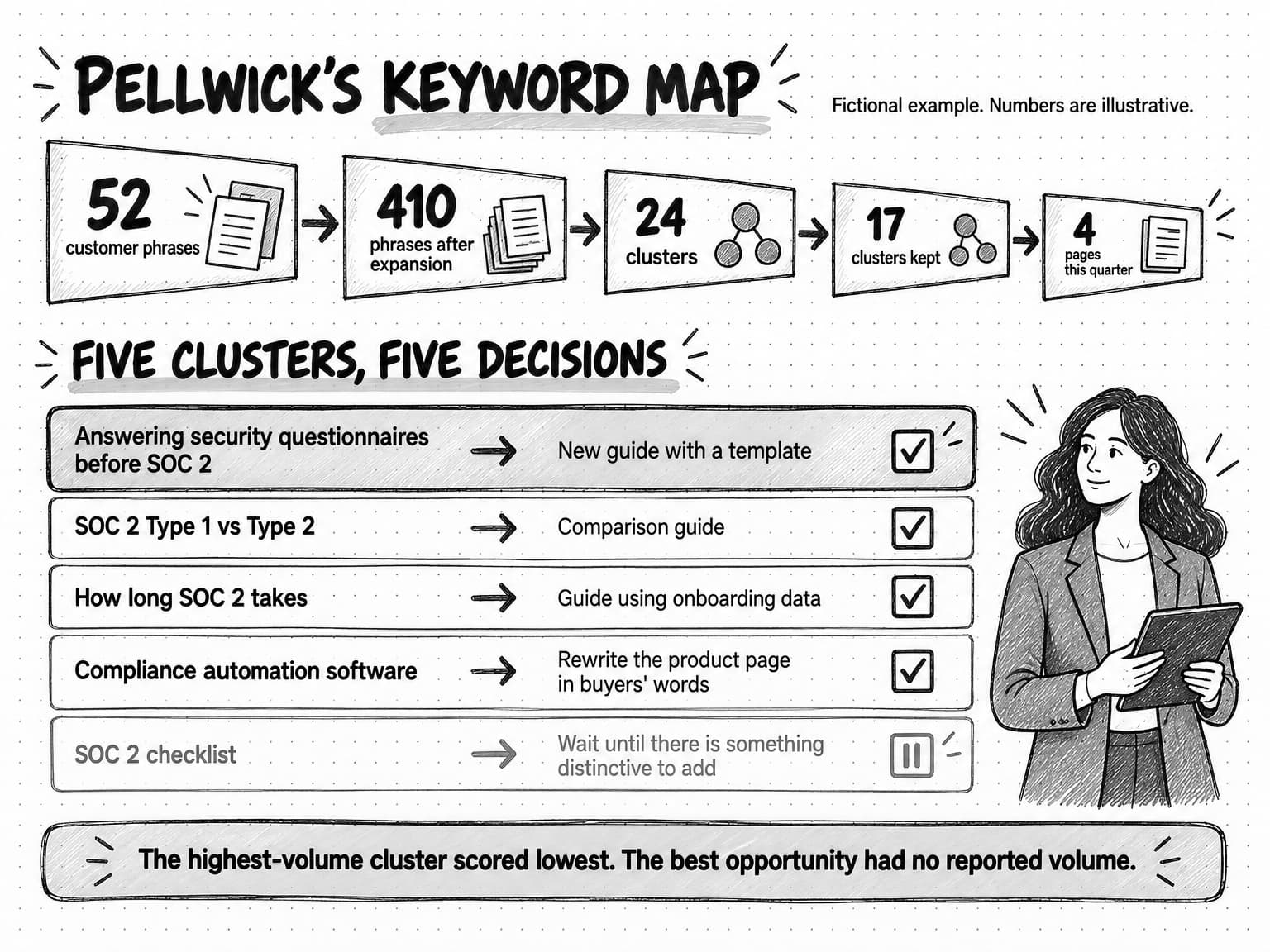 A sketched worksheet titled Pellwick's keyword map, tagged Fictional example. Numbers are illustrative. A chain of narrowing boxes reads 52 customer phrases, 410 phrases after expansion, 24 clusters, 17 clusters kept, and 4 pages this quarter. Under Five clusters, five decisions, a table pairs each cluster with a decision: Answering security questionnaires before SOC 2, new guide with a template, highlighted as the top opportunity; SOC 2 Type 1 vs Type 2, comparison guide; How long SOC 2 takes, guide using onboarding data; Compliance automation software, rewrite the product page in buyers' words; and, greyed out with a pause symbol, SOC 2 checklist, wait until there is something distinctive to add. A banner reads The highest-volume cluster scored lowest. The best opportunity had no reported volume.