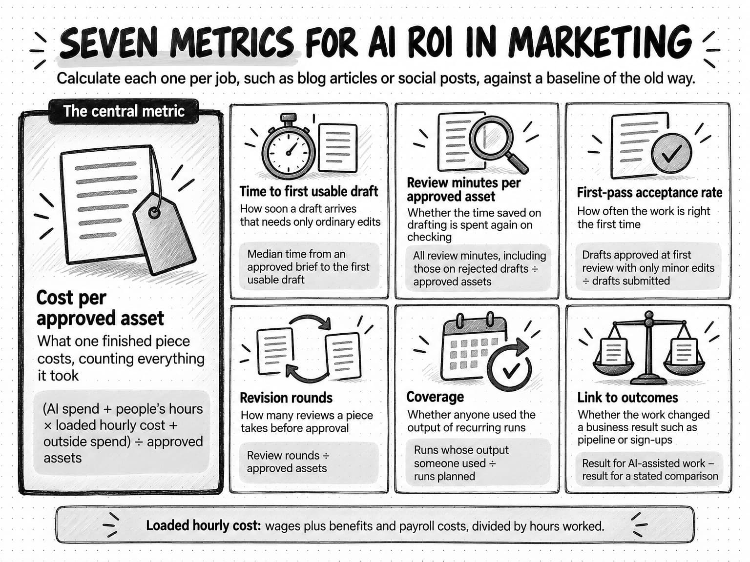 Seven metric cards titled Seven metrics for AI ROI in marketing, with the line Calculate each one per job, such as blog articles or social posts, against a baseline of the old way. The largest card, marked The central metric, is Cost per approved asset: what one finished piece costs, counting everything it took, calculated as (AI spend + people's hours × loaded hourly cost + outside spend) ÷ approved assets. Time to first usable draft shows how soon a draft arrives that needs only ordinary edits, as the median time from an approved brief to the first usable draft. Review minutes per approved asset shows whether the time saved on drafting is spent again on checking, as all review minutes, including those on rejected drafts, ÷ approved assets. First-pass acceptance rate shows how often the work is right the first time, as drafts approved at first review with only minor edits ÷ drafts submitted. Revision rounds shows how many reviews a piece takes before approval, as review rounds ÷ approved assets. Coverage shows whether anyone used the output of recurring runs, as runs whose output someone used ÷ runs planned. Link to outcomes shows whether the work changed a business result such as pipeline or sign-ups, as the result for AI-assisted work − the result for a stated comparison. A band beneath defines Loaded hourly cost: wages plus benefits and payroll costs, divided by hours worked.