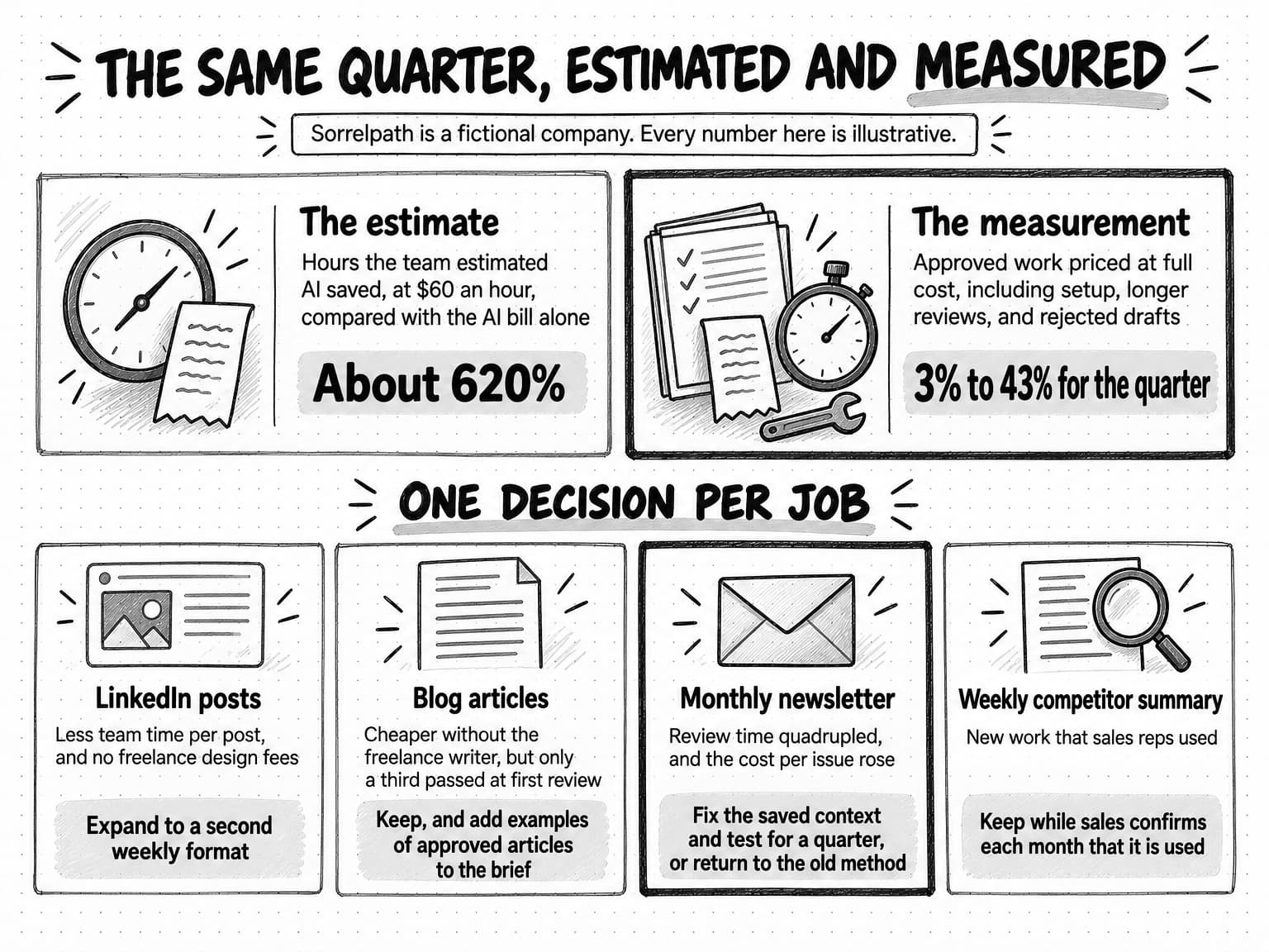 A comparison titled The same quarter, estimated and measured, with the note Sorrelpath is a fictional company. Every number here is illustrative. The estimate, hours the team estimated AI saved, at $60 an hour, compared with the AI bill alone, gives about 620%. The measurement, approved work priced at full cost, including setup, longer reviews, and rejected drafts, gives 3% to 43% for the quarter. Below, under One decision per job, four cards. LinkedIn posts: less team time per post, and no freelance design fees, so expand to a second weekly format. Blog articles: cheaper without the freelance writer, but only a third passed at first review, so keep, and add examples of approved articles to the brief. Monthly newsletter: review time quadrupled, and the cost per issue rose, so fix the saved context and test for a quarter, or return to the old method. Weekly competitor summary: new work that sales reps used, so keep while sales confirms each month that it is used.