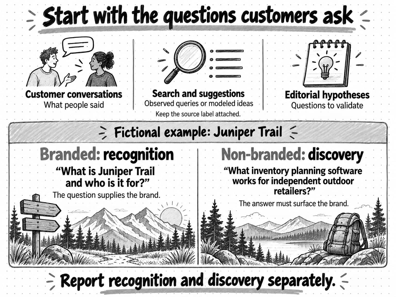 Customer conversations, search evidence, and editorial hypotheses retain source labels. Fictional Juniper Trail questions distinguish branded recognition from non-branded discovery.