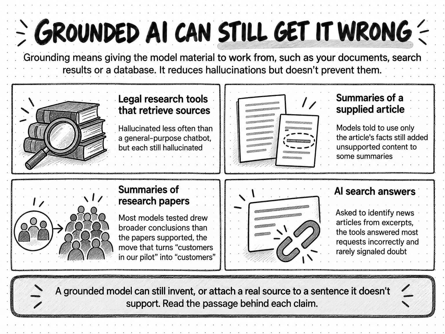 A sketched diagram titled Grounded AI can still get it wrong, with the line: Grounding means giving the model material to work from, such as your documents, search results or a database. It reduces hallucinations but doesn't prevent them. Four panels follow. Legal research tools that retrieve sources, drawn as books under a magnifying glass: hallucinated less often than a general-purpose chatbot, but each still hallucinated. Summaries of a supplied article, drawn as an article beside a summary with one line circled: models told to use only the article's facts still added unsupported content to some summaries. Summaries of research papers, drawn as a small group in a circle with an arrow pointing to a large crowd: most models tested drew broader conclusions than the papers supported, the move that turns “customers in our pilot” into “customers.” AI search answers, drawn as a page beside a broken chain link: asked to identify news articles from excerpts, the tools answered most requests incorrectly and rarely signaled doubt. A banner across the bottom reads: A grounded model can still invent, or attach a real source to a sentence it doesn't support. Read the passage behind each claim.