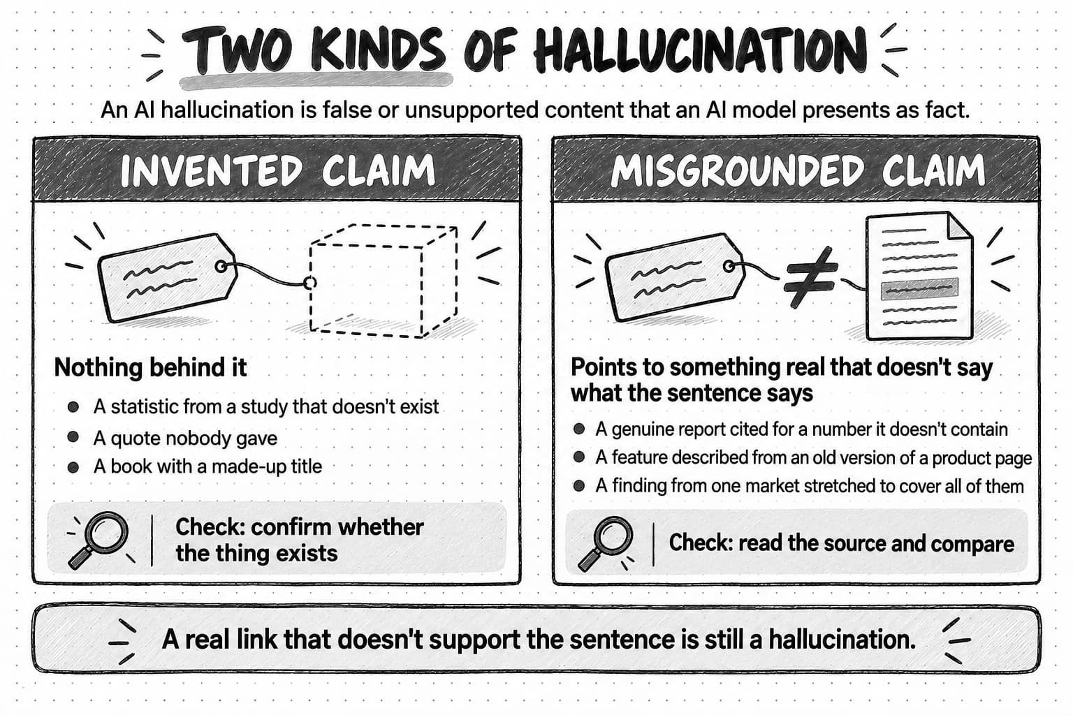 A sketched diagram titled Two kinds of hallucination, under the definition: An AI hallucination is false or unsupported content that an AI model presents as fact. The left panel, Invented claim, shows a label tied to an empty dashed box, with the heading Nothing behind it and three examples: a statistic from a study that doesn't exist, a quote nobody gave, and a book with a made-up title. Its check reads: confirm whether the thing exists. The right panel, Misgrounded claim, shows a label tied to a real document, with a not-equal sign between them, the heading Points to something real that doesn't say what the sentence says, and three examples: a genuine report cited for a number it doesn't contain, a feature described from an old version of a product page, and a finding from one market stretched to cover all of them. Its check reads: read the source and compare. A banner across the bottom reads: A real link that doesn't support the sentence is still a hallucination.