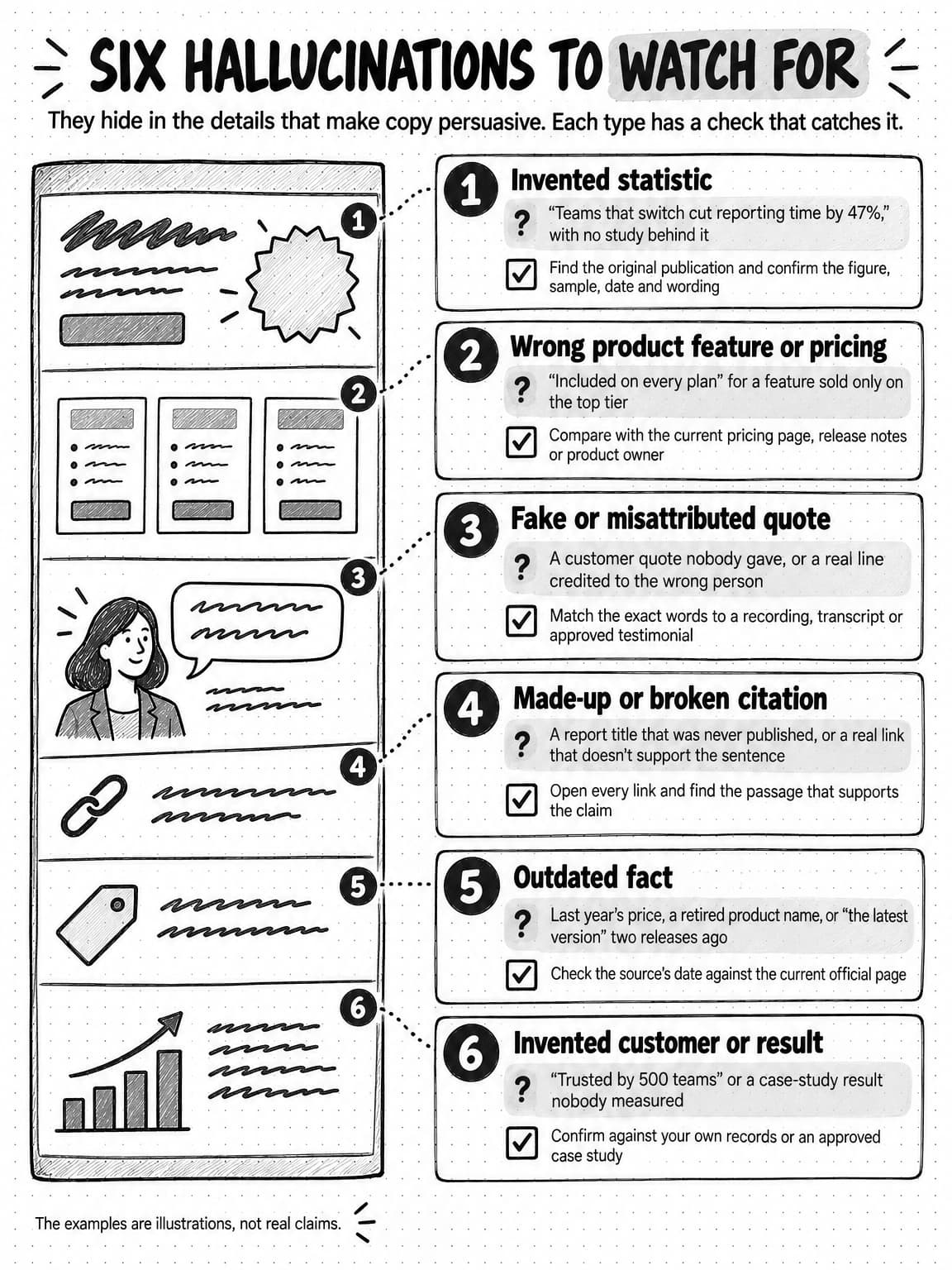 A sketched reference titled Six hallucinations to watch for, with the line: They hide in the details that make copy persuasive. Each type has a check that catches it. On the left, a wireframe marketing page has six numbered blocks: a headline with a badge, three plan cards, a testimonial, a footnote with a link icon, a price tag, and a case-study card with an upward arrow over bars. Dotted lines join each block to a numbered callout on the right. Each callout names a type, gives an example marked with a question mark, and gives a check marked with a ticked box. 1, Invented statistic: “Teams that switch cut reporting time by 47%,” with no study behind it. Check: find the original publication and confirm the figure, sample, date and wording. 2, Wrong product feature or pricing: “Included on every plan” for a feature sold only on the top tier. Check: compare with the current pricing page, release notes or product owner. 3, Fake or misattributed quote: a customer quote nobody gave, or a real line credited to the wrong person. Check: match the exact words to a recording, transcript or approved testimonial. 4, Made-up or broken citation: a report title that was never published, or a real link that doesn't support the sentence. Check: open every link and find the passage that supports the claim. 5, Outdated fact: last year's price, a retired product name, or “the latest version” two releases ago. Check the source's date against the current official page. 6, Invented customer or result: “Trusted by 500 teams” or a case-study result nobody measured. Check: confirm against your own records or an approved case study. A footer note reads: The examples are illustrations, not real claims.