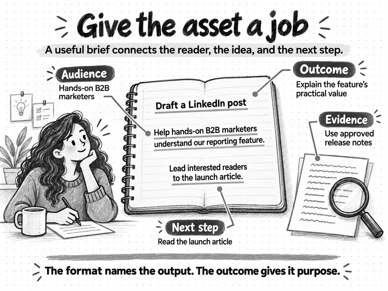A LinkedIn assignment connects hands-on B2B marketers, the reporting feature's practical value, a launch-article next step, and approved release notes.