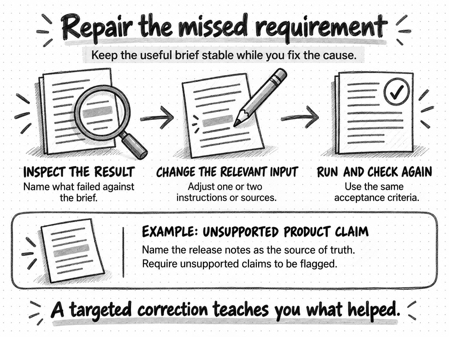 Inspect the failed requirement, change one or two relevant instructions or sources, then rerun against the same acceptance criteria; the example repairs unsupported product claims.