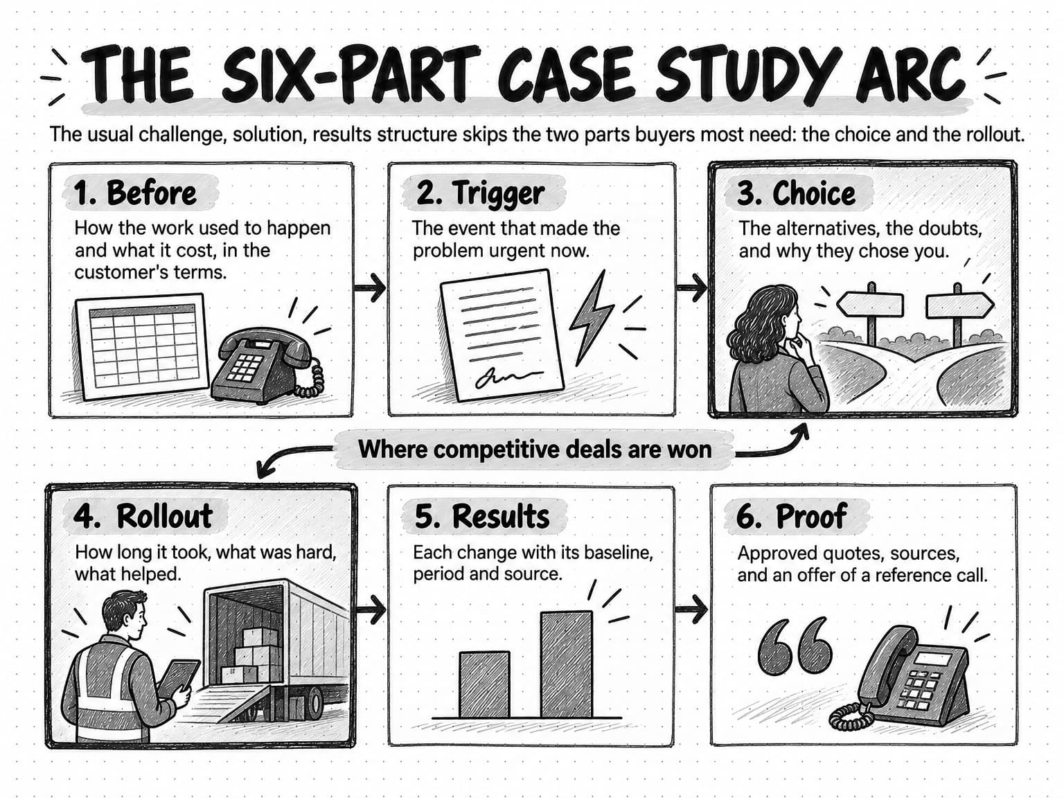 A diagram titled The six-part case study arc, with the line The usual challenge, solution, results structure skips the two parts buyers most need: the choice and the rollout. Six numbered panels in two rows, joined by arrows. 1, Before: how the work used to happen and what it cost, in the customer's terms, beside a spreadsheet and a desk phone. 2, Trigger: the event that made the problem urgent now, beside a signed contract and a lightning mark. 3, Choice: the alternatives, the doubts, and why they chose you, beside a person at a fork with two signposts. 4, Rollout: how long it took, what was hard, what helped, beside a worker with a tablet at a loading dock. 5, Results: each change with its baseline, period and source, beside two bars. 6, Proof: approved quotes, sources, and an offer of a reference call, beside a quotation mark and a phone. A banner between the rows, Where competitive deals are won, points to Choice and Rollout, which have heavier frames.