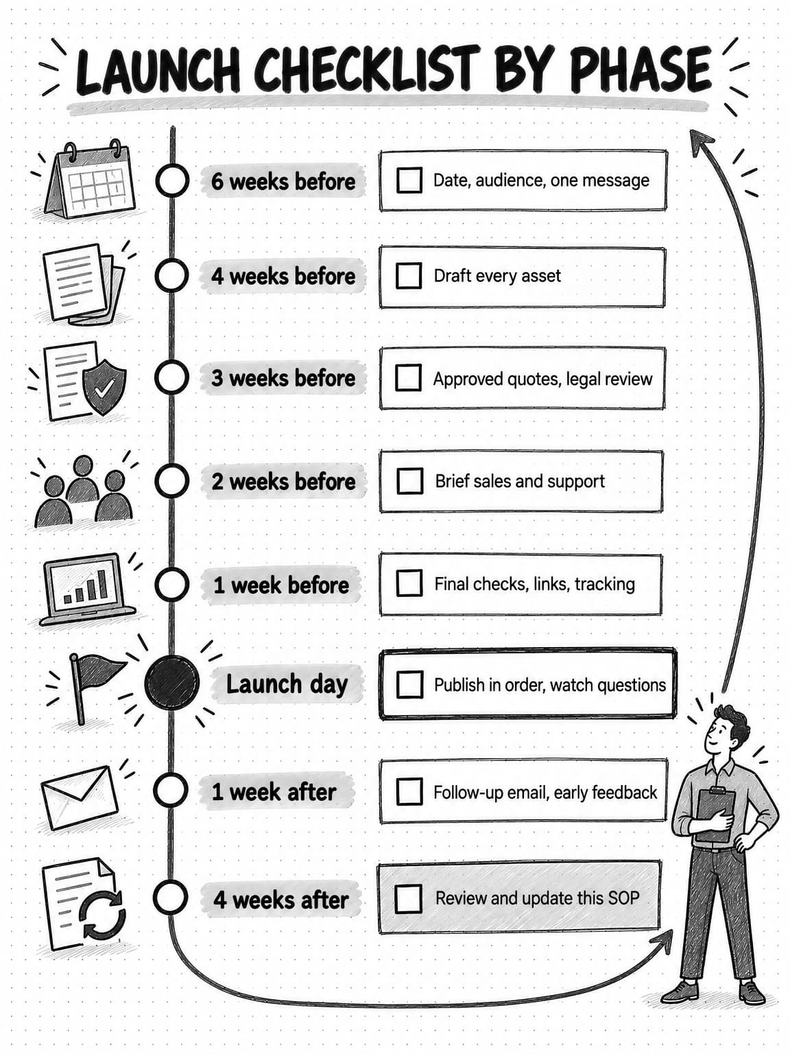 Vertical timeline titled Launch checklist by phase with eight checkpoints and a task for each: 6 weeks before, date, audience, one message; 4 weeks before, draft every asset; 3 weeks before, approved quotes, legal review; 2 weeks before, brief sales and support; 1 week before, final checks, links, tracking; Launch day, drawn as a solid circle, publish in order, watch questions; 1 week after, follow-up email, early feedback; 4 weeks after, review and update this SOP. An arrow loops from the last checkpoint back to the top.