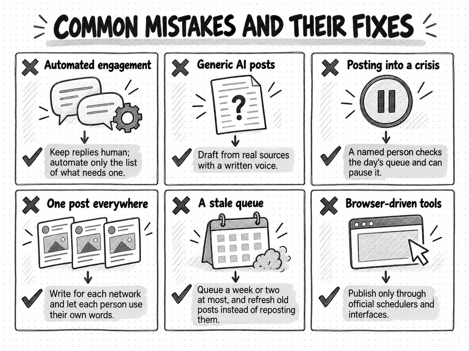 Six panels titled Common mistakes and their fixes. Automated engagement: keep replies human and automate only the list of what needs one. Generic AI posts: draft from real sources with a written voice. Posting into a crisis: a named person checks the day’s queue and can pause it. One post everywhere: write for each network and let each person use their own words. A stale queue: queue a week or two at most and refresh old posts instead of reposting them. Browser-driven tools: publish only through official schedulers and interfaces.