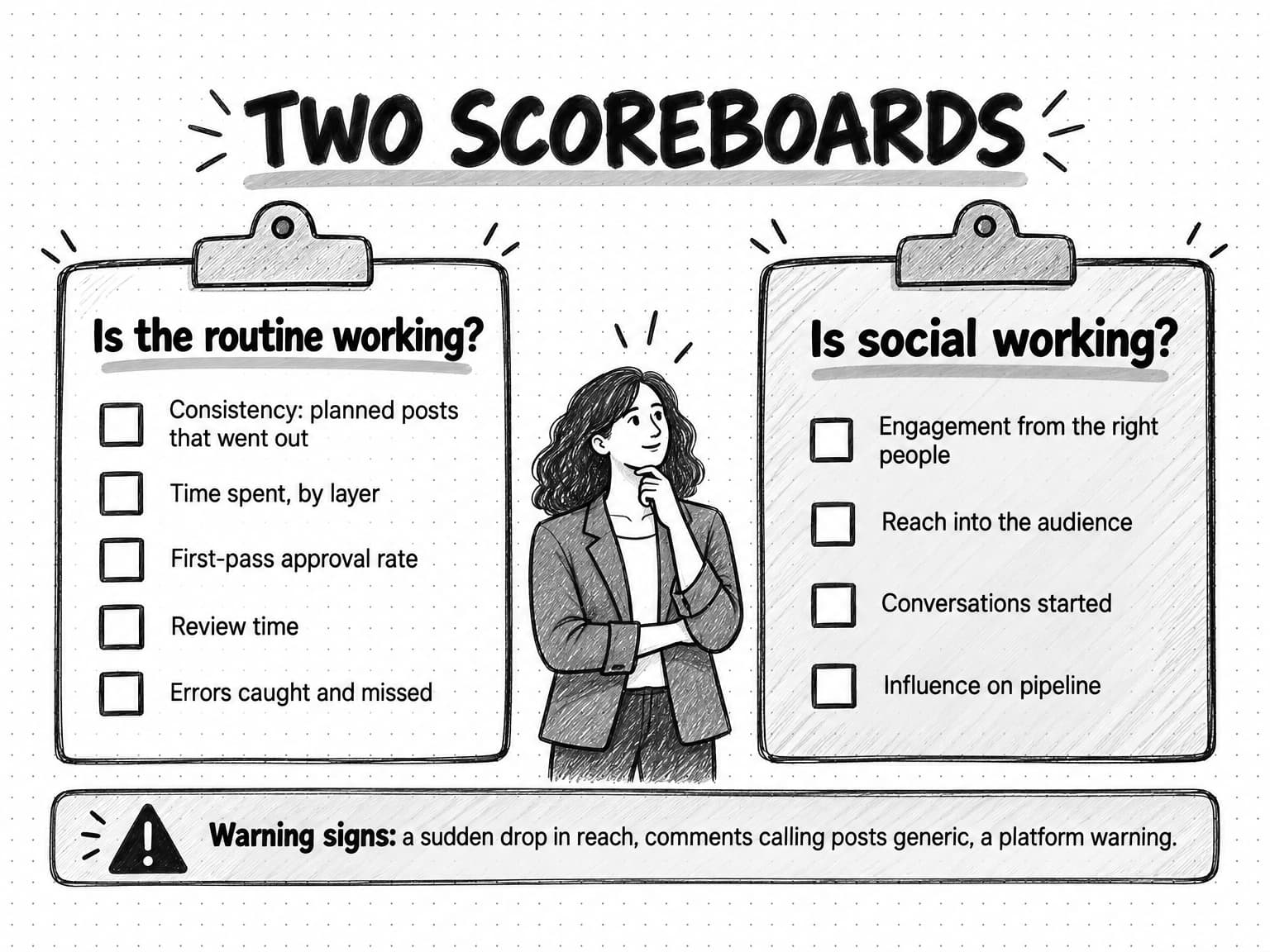Two clipboards titled Two scoreboards. Is the routine working: consistency, time spent by layer, first-pass approval rate, review time, errors caught and missed. Is social working: engagement from the right people, reach into the audience, conversations started, influence on pipeline. A banner lists warning signs: a sudden drop in reach, comments calling posts generic, a platform warning.