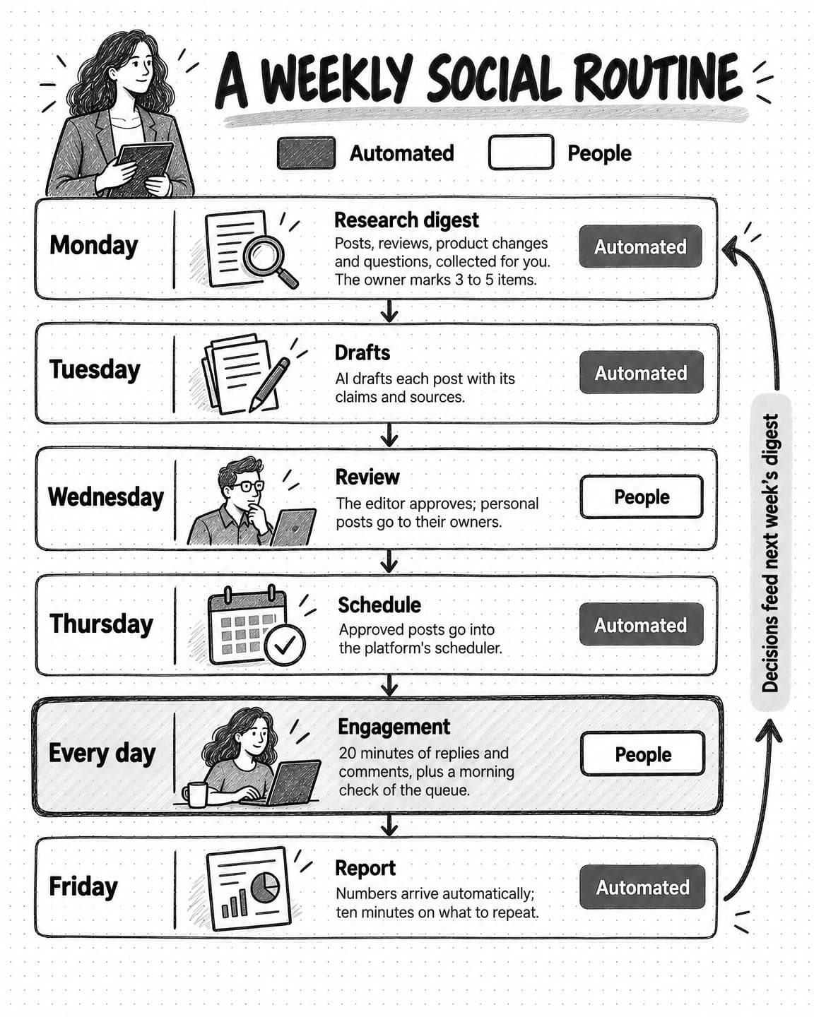 Portrait chart titled A weekly social routine. Monday research digest, automated; Tuesday drafts, automated; Wednesday review, people; Thursday schedule, automated; every day, 20 minutes of engagement, people; Friday report, automated. An arrow loops from Friday back to Monday labeled Decisions feed next week’s digest.