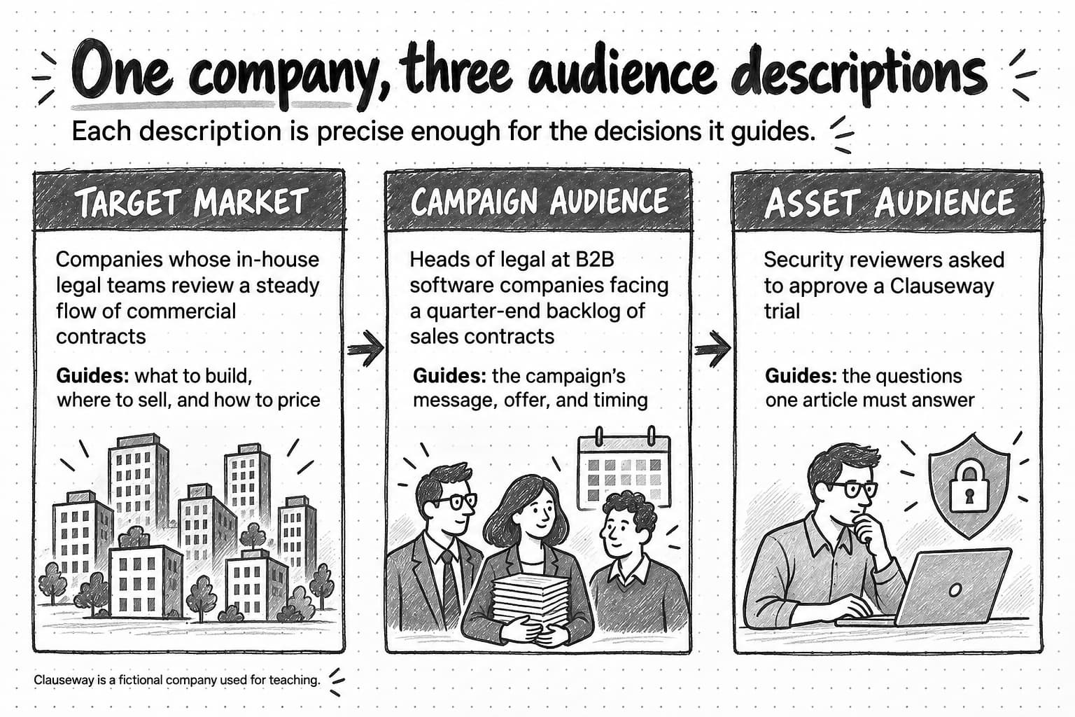 Three audience descriptions for the fictional company Clauseway, side by side. The target market, companies whose in-house legal teams review a steady flow of commercial contracts, guides what to build, where to sell, and how to price. The campaign audience, heads of legal at B2B software companies facing a quarter-end backlog of sales contracts, guides the campaign’s message, offer, and timing. The asset audience, security reviewers asked to approve a Clauseway trial, guides the questions one article must answer.