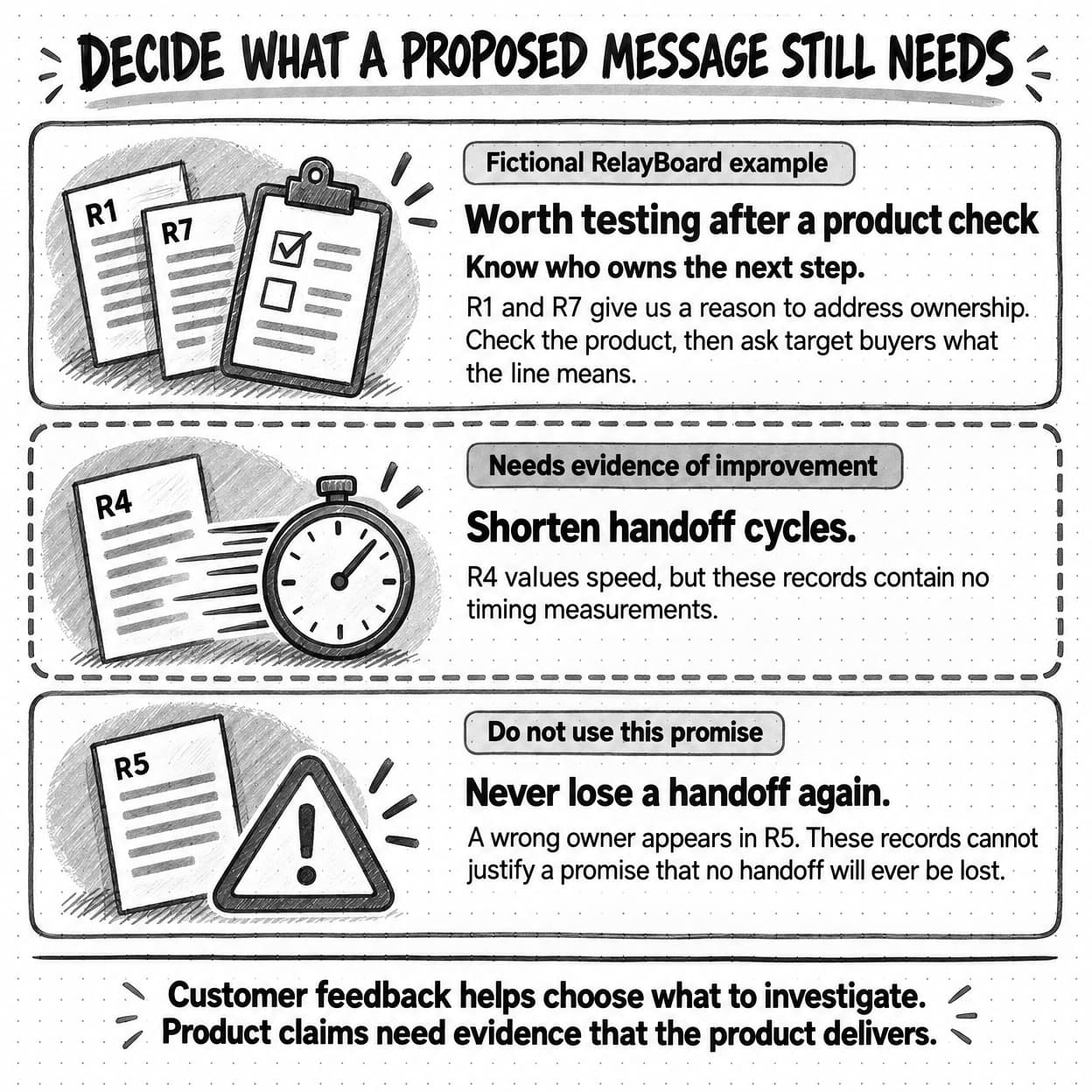 Fictional RelayBoard messages labeled test, validate, and reject, with supporting source IDs and the evidence each still needs.