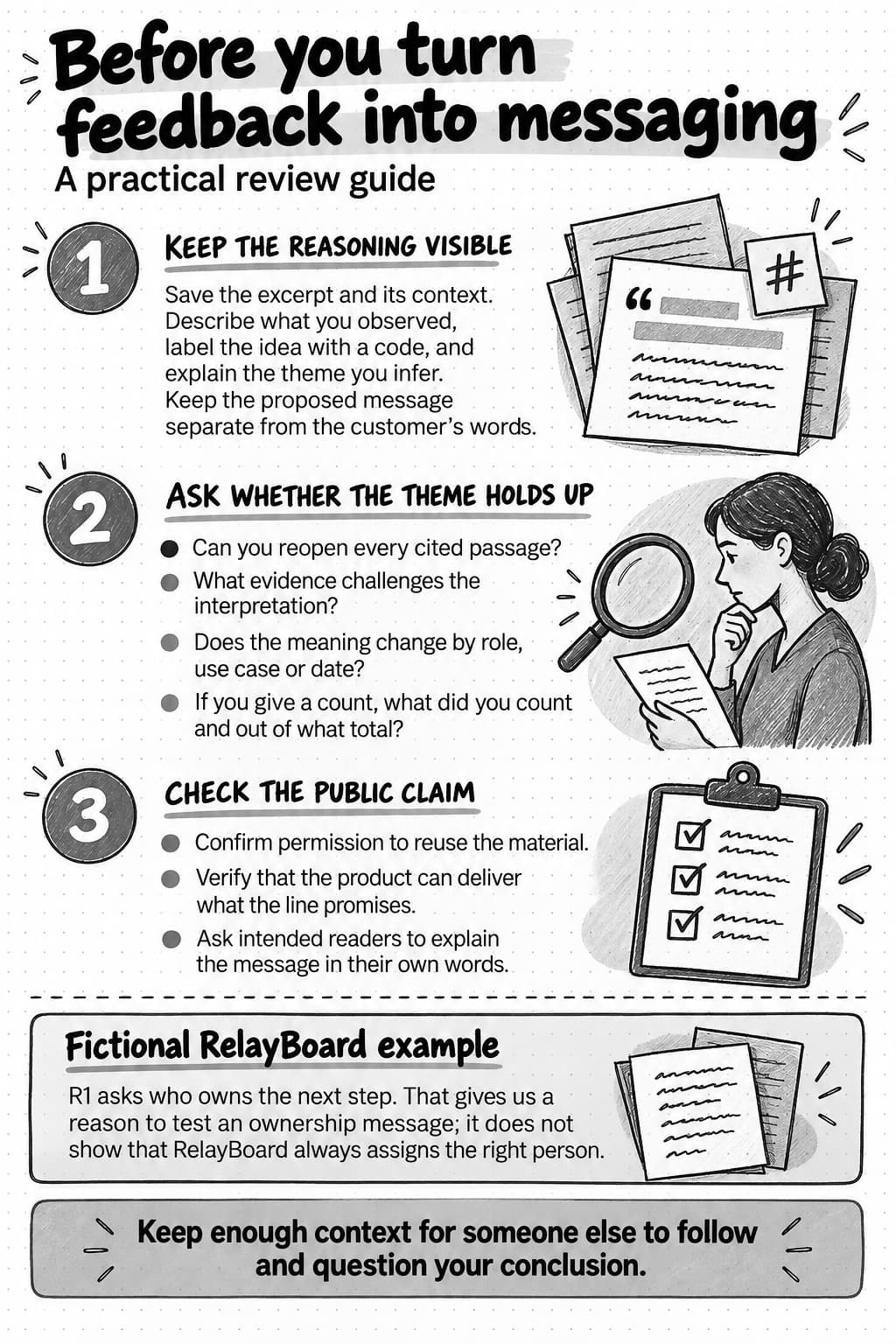 VoC reference covering source context, observations, codes, themes, interpretations, source checks, and proof before public copy.