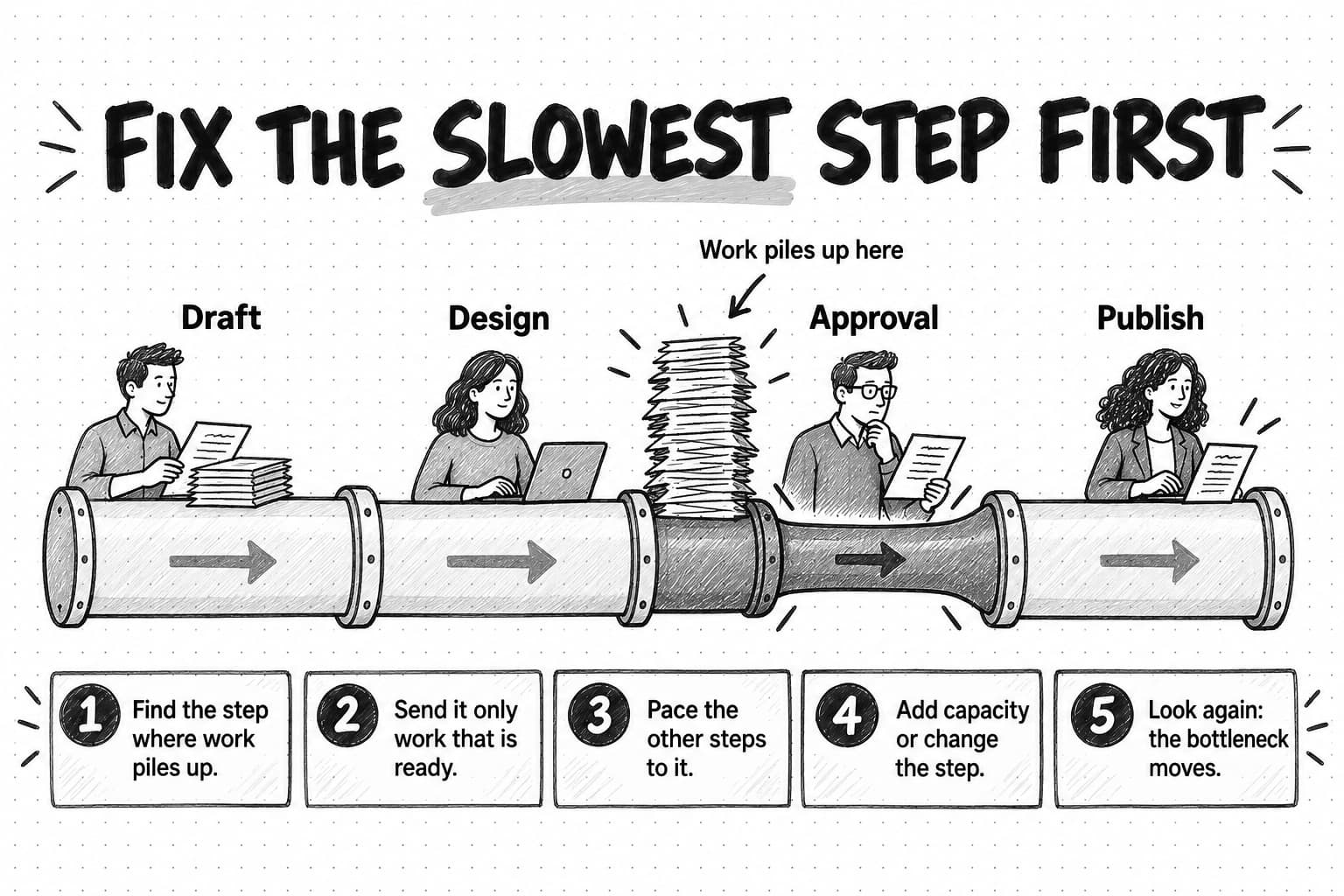 A diagram titled Fix the slowest step first. A pipe with four segments labeled Draft, Design, Approval, and Publish narrows at Approval, and a tall pile of pages labeled Work piles up here sits in front of it. Five numbered notes read: 1 Find the step where work piles up. 2 Send it only work that is ready. 3 Pace the other steps to it. 4 Add capacity or change the step. 5 Look again: the bottleneck moves.
