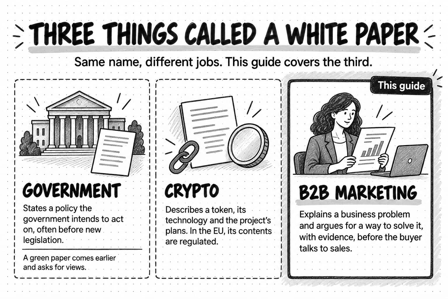 Three panels titled Three things called a white paper, with the subtitle Same name, different jobs. This guide covers the third. Government: states a policy the government intends to act on, often before new legislation; a green paper comes earlier and asks for views. Crypto: describes a token, its technology and the project’s plans; in the EU, its contents are regulated. B2B marketing, tagged This guide: explains a business problem and argues for a way to solve it, with evidence, before the buyer talks to sales.