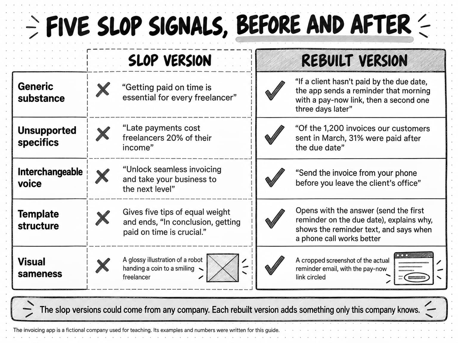 A sketched table titled Five slop signals, before and after. A Slop version column with dashed borders, marked with an X in every row, sits beside a Rebuilt version column with solid borders, marked with a check mark in every row. Generic substance: “Getting paid on time is essential for every freelancer” beside “If a client hasn't paid by the due date, the app sends a reminder that morning with a pay-now link, then a second one three days later”. Unsupported specifics: “Late payments cost freelancers 20% of their income” beside “Of the 1,200 invoices our customers sent in March, 31% were paid after the due date”. Interchangeable voice: “Unlock seamless invoicing and take your business to the next level” beside “Send the invoice from your phone before you leave the client's office”. Template structure: Gives five tips of equal weight and ends, “In conclusion, getting paid on time is crucial.” beside Opens with the answer (send the first reminder on the due date), explains why, shows the reminder text, and says when a phone call works better. Visual sameness: A glossy illustration of a robot handing a coin to a smiling freelancer, next to a crossed-out picture placeholder, beside A cropped screenshot of the actual reminder email, with the pay-now link circled, next to a sketched email window with a circled button. A band along the bottom reads: The slop versions could come from any company. Each rebuilt version adds something only this company knows. A small line beneath reads: The invoicing app is a fictional company used for teaching. Its examples and numbers were written for this guide.